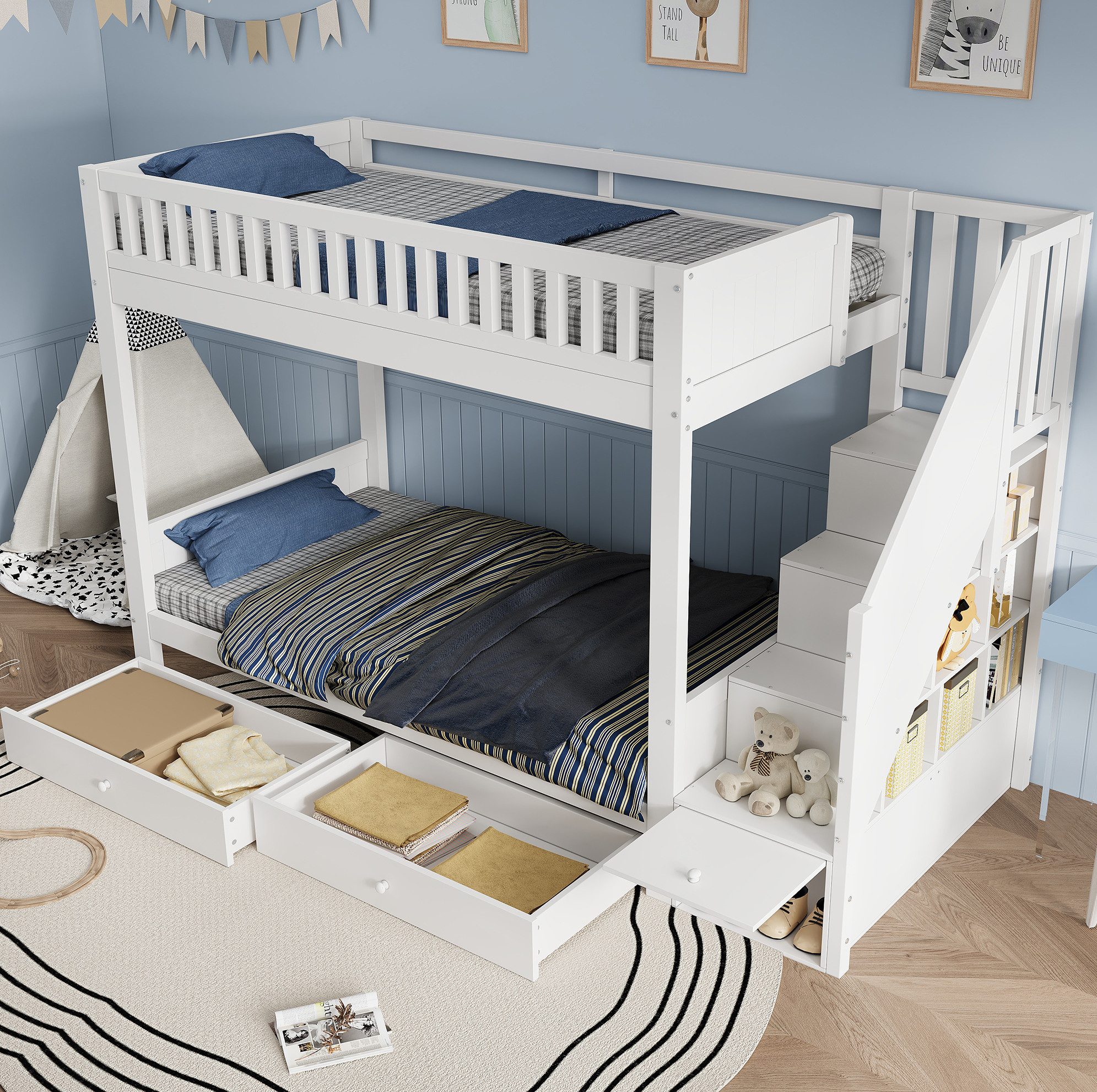 REDOM Etagenbett Kinderbett mit integrierter Aufbewahrungstreppe, Stauraumbett (90x200 cm, zwei Bettboxen und Rausfallschutz, Holzbett Jugendbett), ohne Matratze