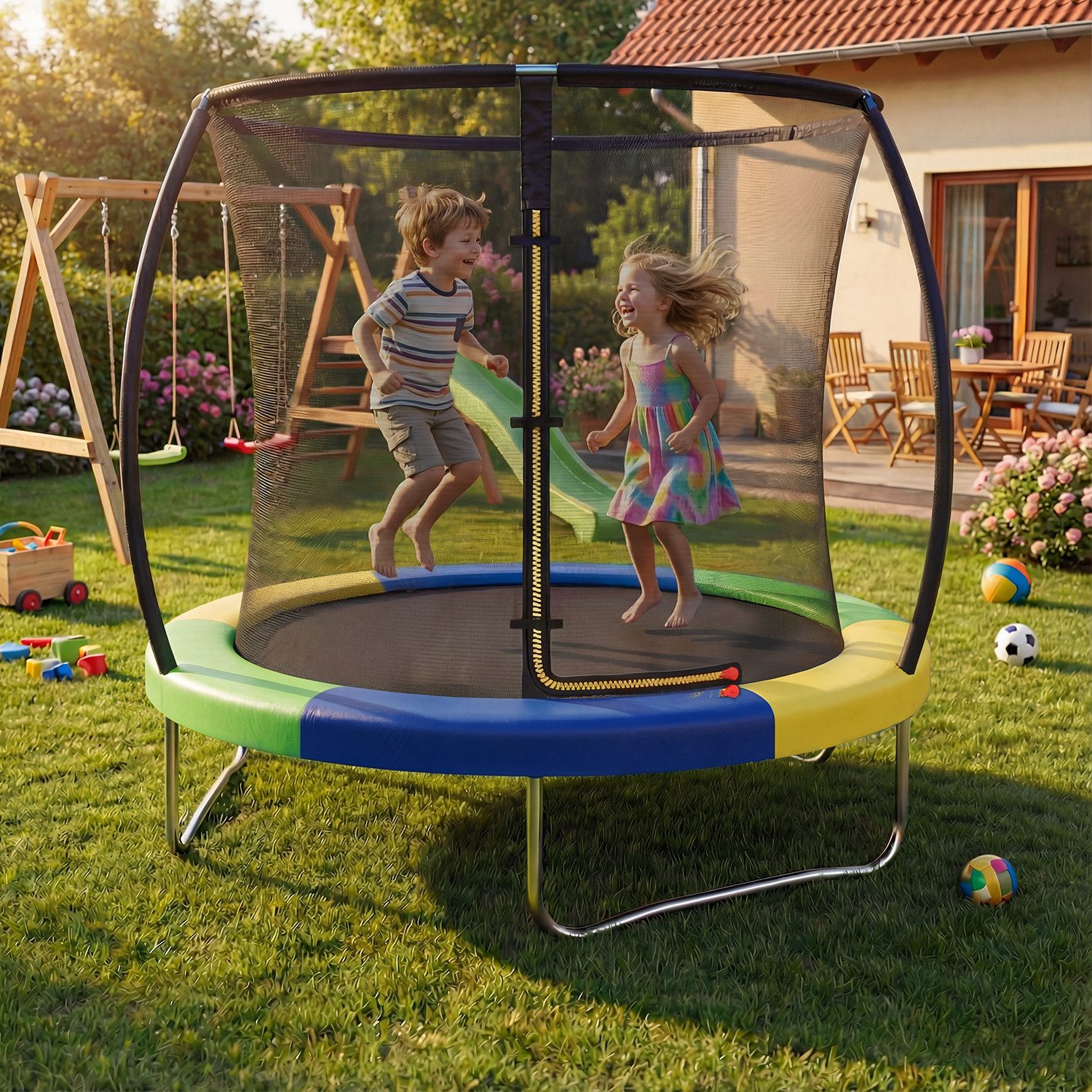 HOMALL Gartentrampolin Kindertrampolin Outdoor-Trampolin Durchmesser: 183/220/290/360 cm, Ø 183 cm, (Durchmesser 183 cm (mit Sicherheitsnetz und Schutzhaube, Tragkraft 50 kg/150 kg, 360°-Sicherheitsnetz, erhältlich in Schwarz/Blau/mehrfarbig) -ostern geschenke)