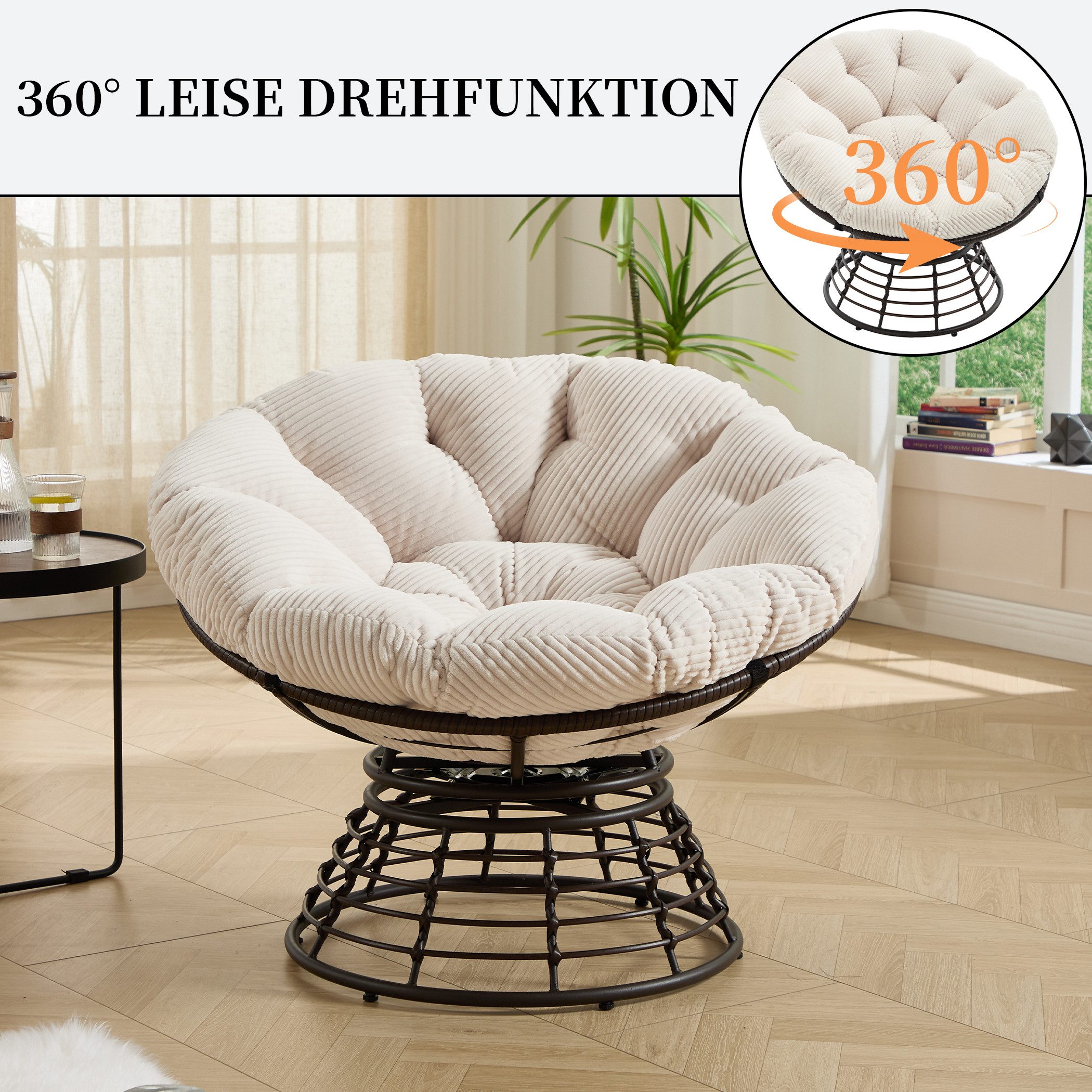 SeedWave Loungesessel 360° Drehbarer Papasan-Sessel Stahlgestell mit 92cm Trennbarem Polster, Relaxsessel für Balkon, Garten, Terrasse