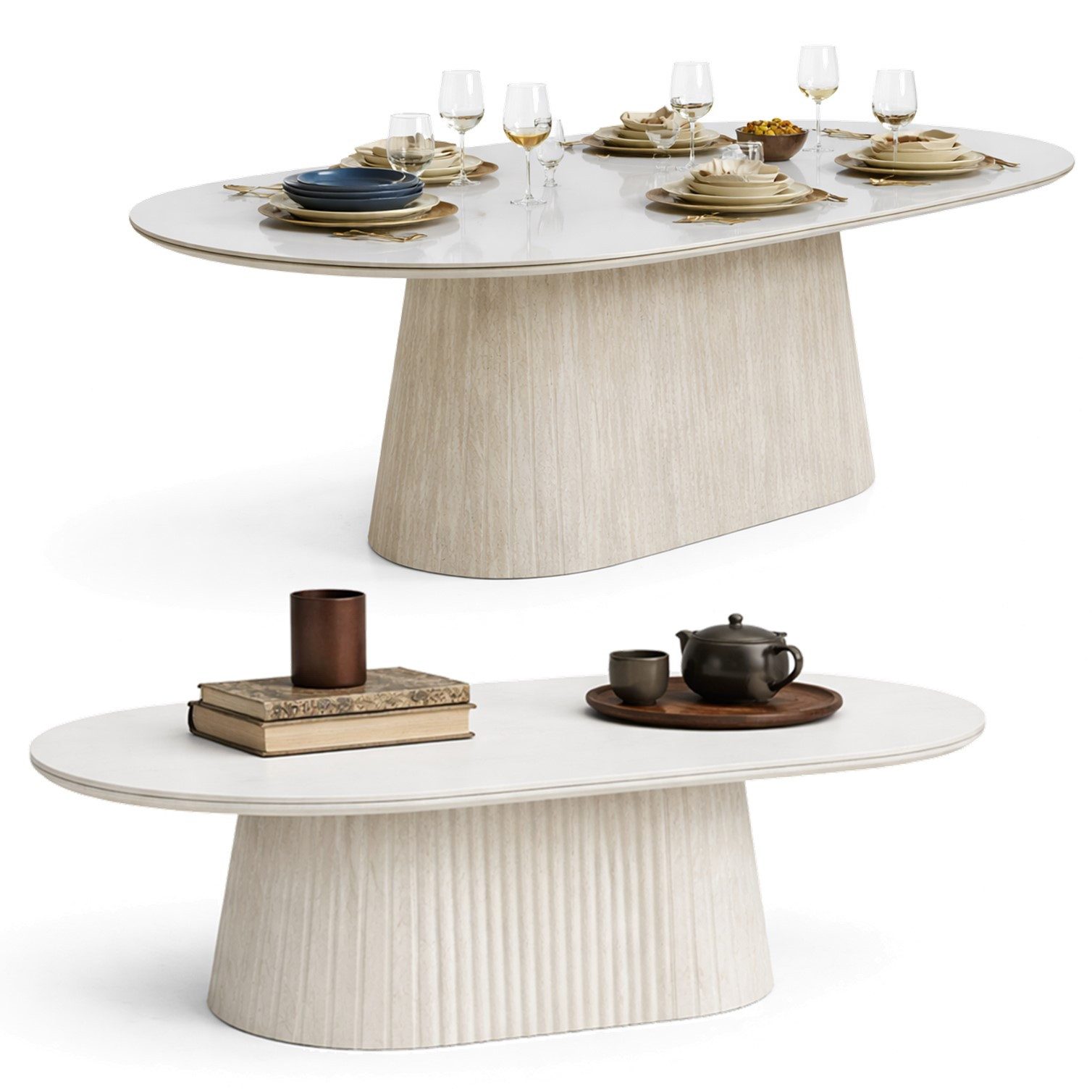 HOOZ Wohnzimmertisch Couchtisch & Esstisch Set oval Keramikplatte 130x70cm & 180x90cm Kalk (Set, 1× Esstisch, 1× Couchtisch), Keramik-Tischplatte, verschiedene Varianten, pflegeleicht & stabil