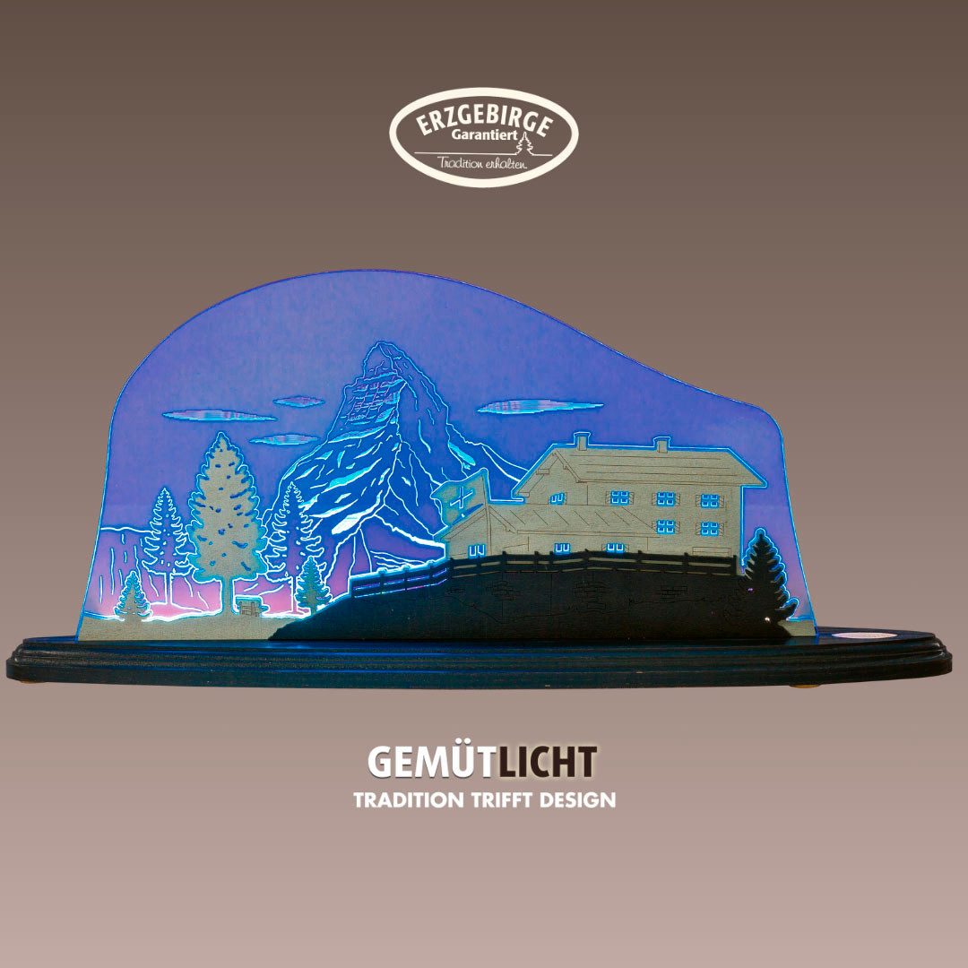 Weigla LED Dekolicht Matterhorn, Holz & Acrylglas, BLAU-GRAU-WEIẞ, Made in Germany, LED wechselbar, Neutralweiß, Erzgebirge garantiert, Dekolampe für Innen, Dekoleuchte