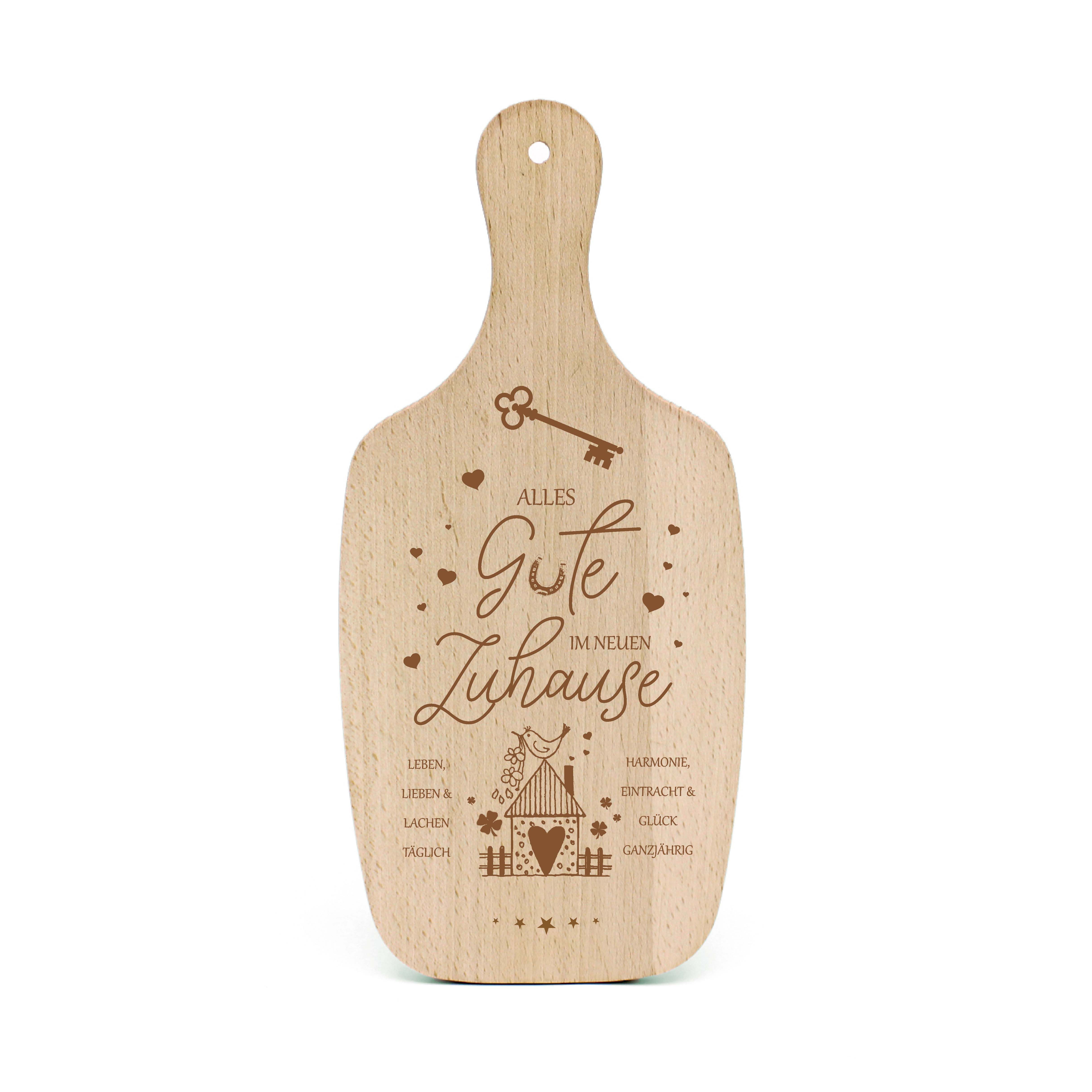 Dekolando Schneidebrett Geschenk zum Einzug Holzbrett Всеs Gute Neues Zuhause, Holz, (Neues Haus, 34 x 15 x 1 cm), graviert Buchenholz