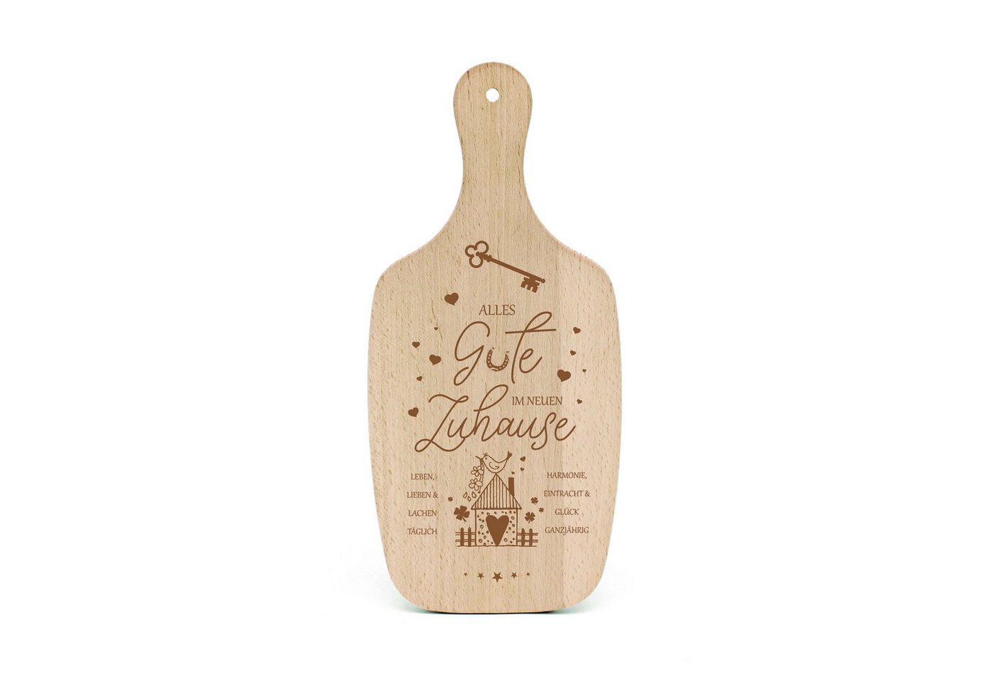 Dekolando Schneidebrett Geschenk zum Einzug Holzbrett Alles Gute Neues Zuhause, Holz, (Neues Haus, 34 x 15 x 1 cm), graviert Buchenholz