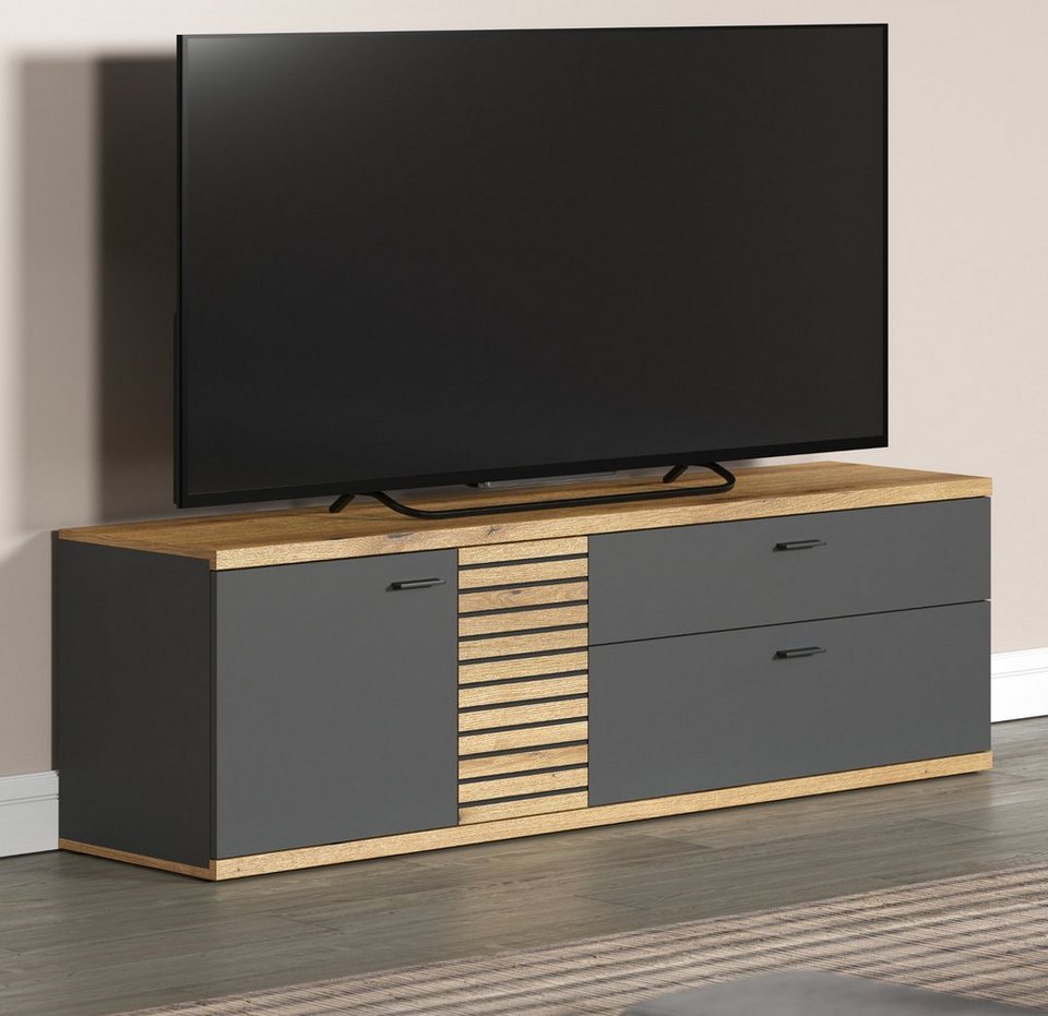 Furn.Design Lowboard Norris (TV Unterschrank in grau mit Eiche, 157 x 55  cm), mit Soft-Close-Funktion
