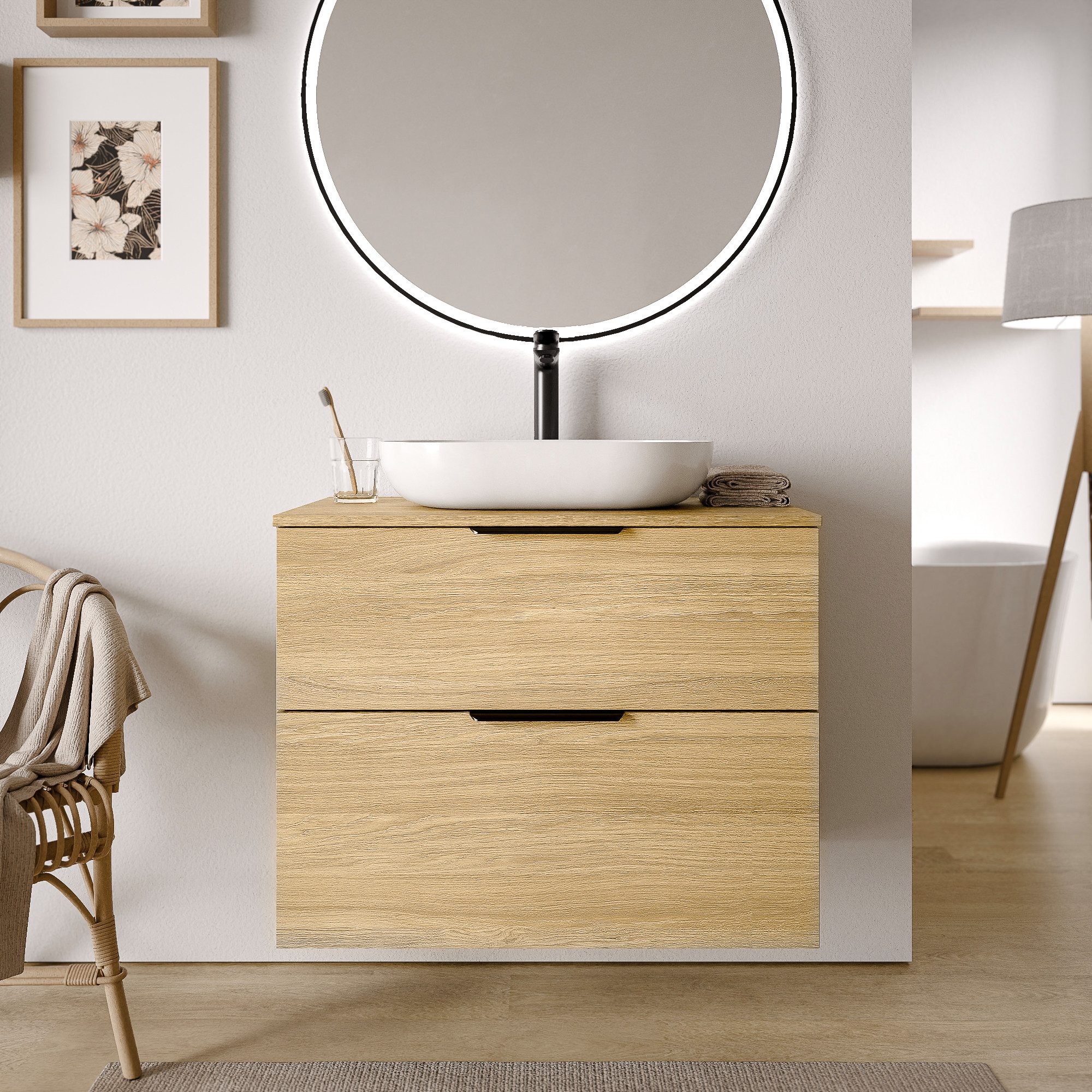Bernstein Waschbeckenunterschrank TIM 80cm Eiche Nebelgrau Unterschrank Aufsatzbecken Platte Schwarz matt Griff Chrom