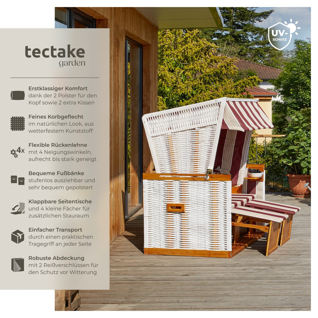 tectake Strandkorb 2-Sitzer mit Polster, verstellbar, inkl. Schutzhülle, ge günstig online kaufen