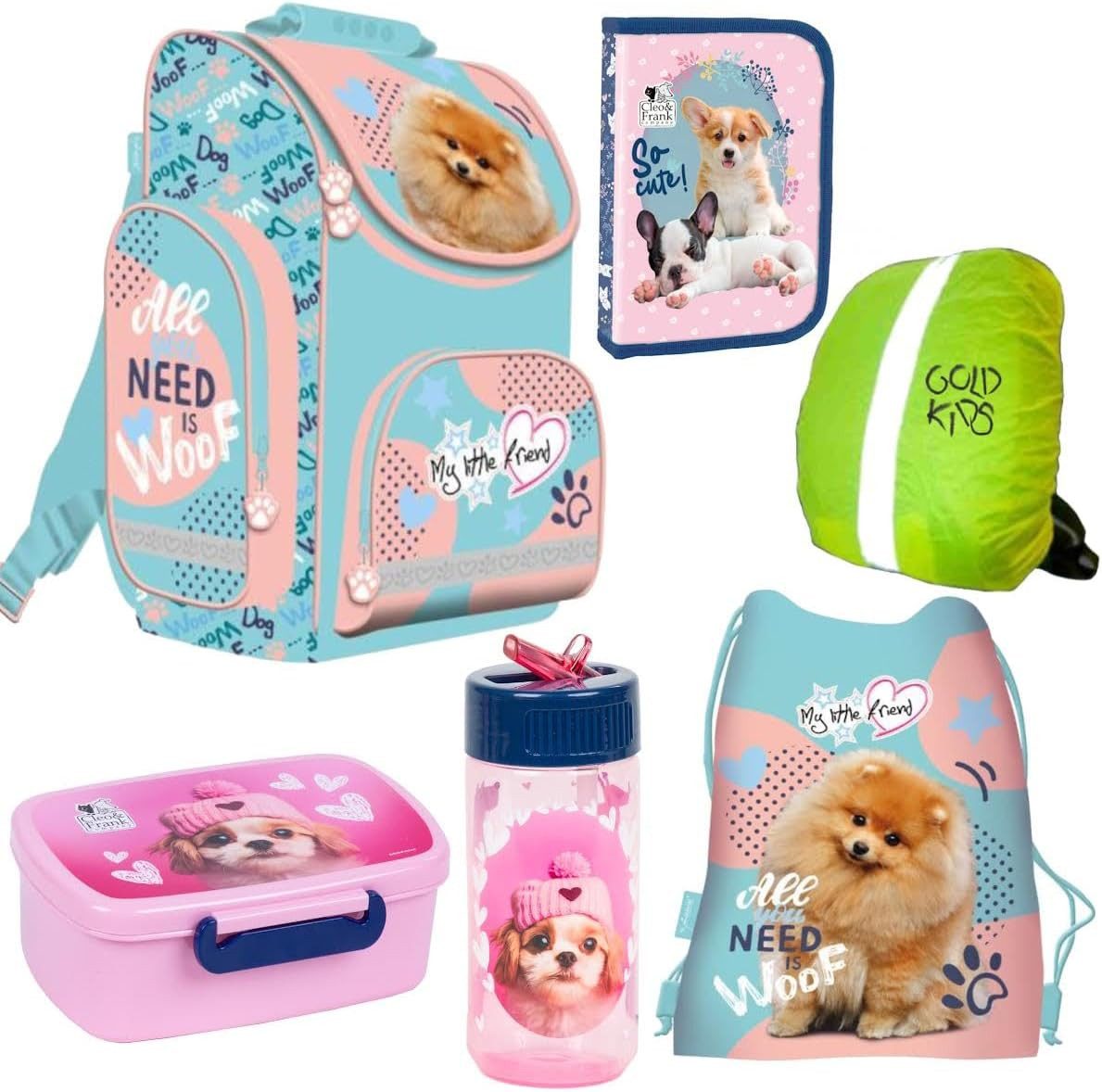 GOLDKIDS Schulranzen Set 6er Fluffy Dog Ranzen Tornister (Federmappe Turnbeutel, 1-tlg., Turnsack Brotdose Trinkflasche), Regenschutz Hund Dog Motiv