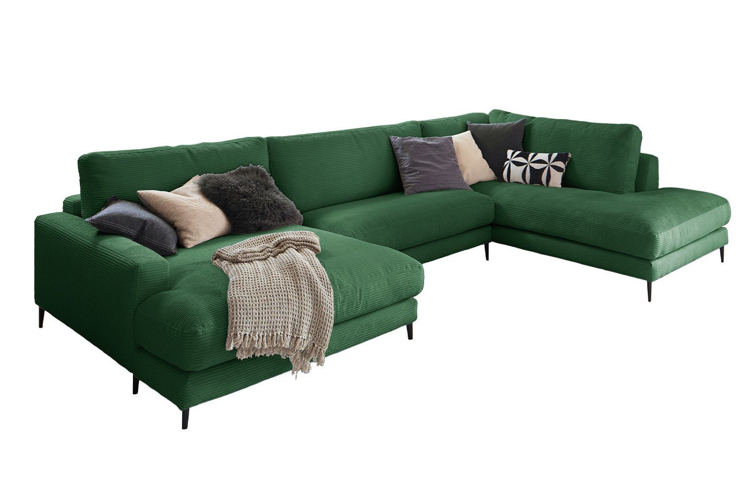 versch. CARA, links, KAWOLA Cord, od. smaragd Longchair rechts Farben Wohnlandschaft U-Form Sofa