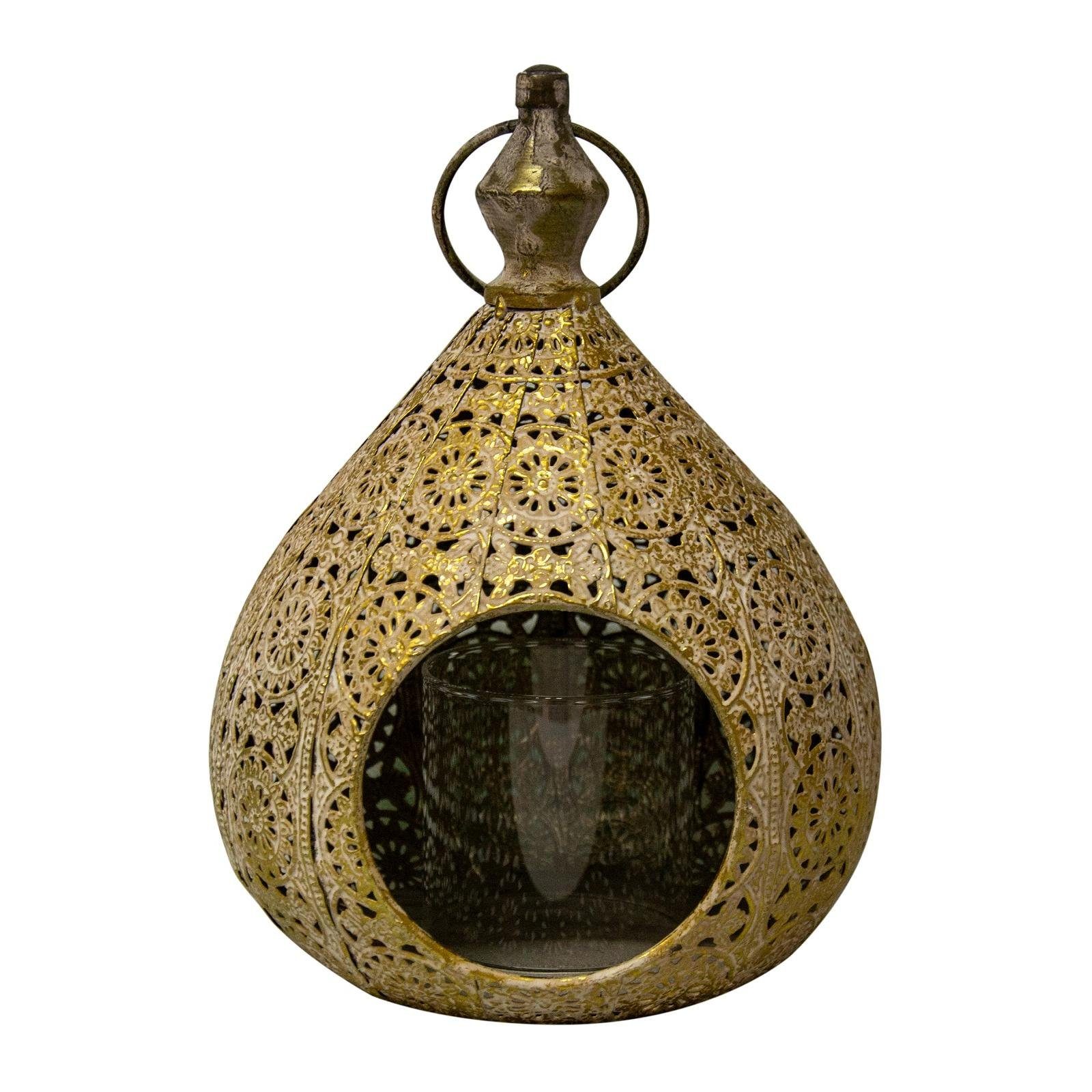 Parts4Living Hängewindlicht Metall Windlicht zum Aufhängen Teelichthalter mit schönem Lochmuster gold antik gebürstet 20x18,5x25,5 cm, im orientalischen Stil