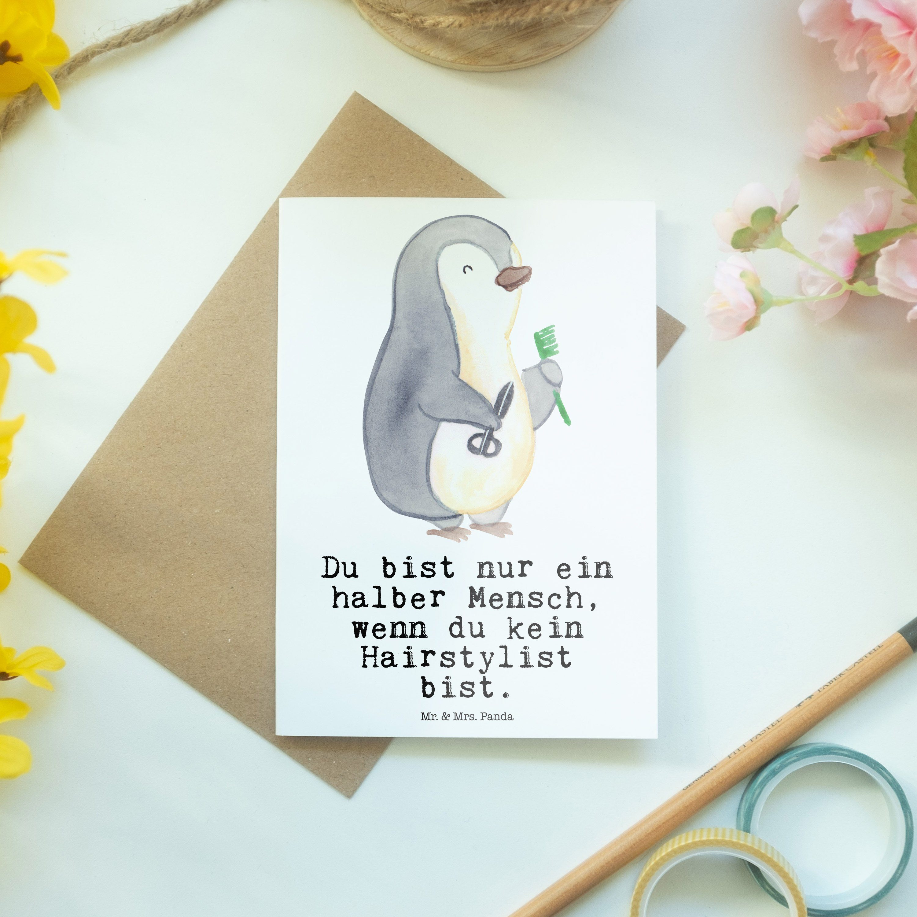 mit Mrs. Grußkarte - Panda Hairstylist Glück - Dankeschön, Herz Geschenk, Mr. & Klappkarte, Weiß