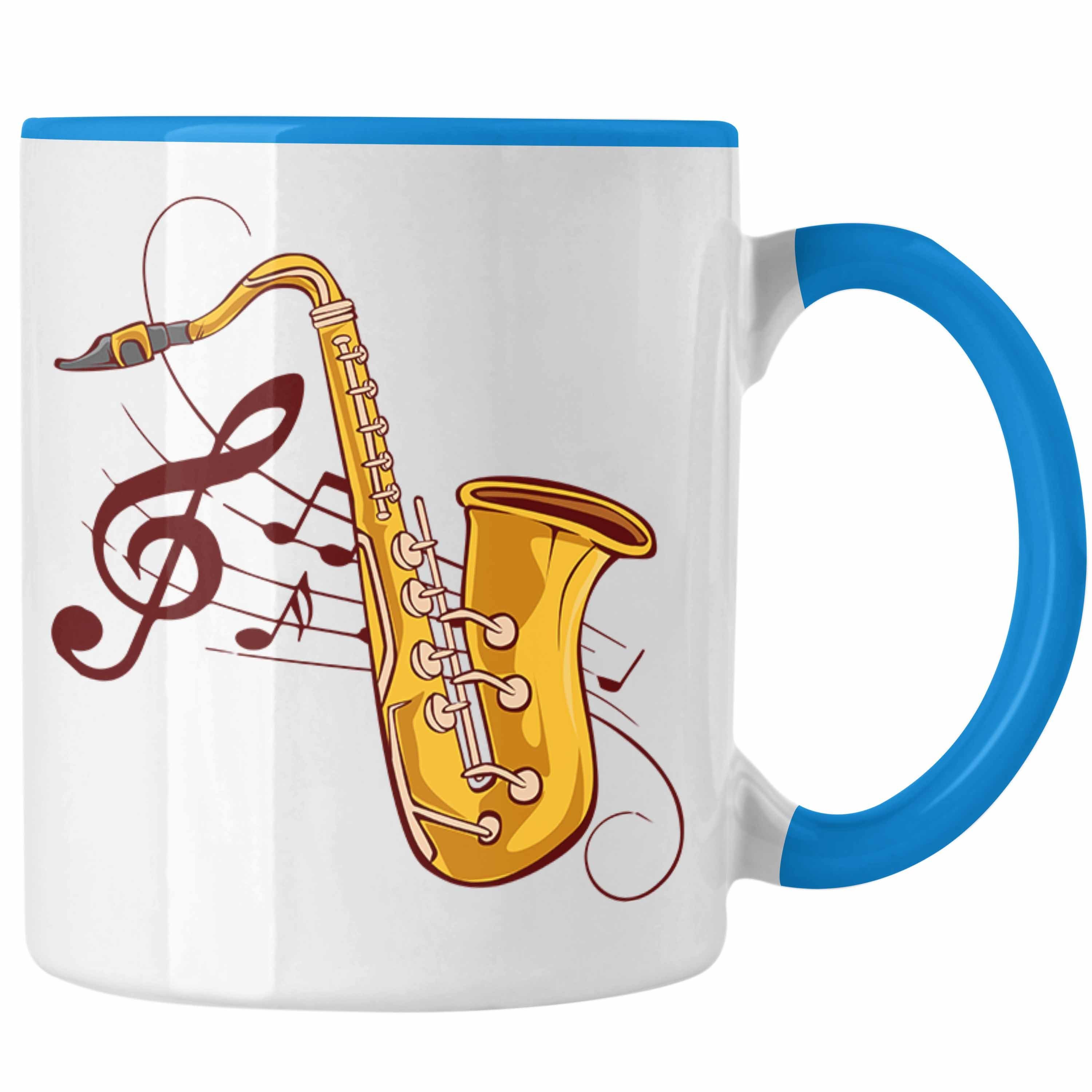Saxofon-Tasse Trendation Geschenk Geschenkidee Blau Lustige Saxofonspieler Tasse
