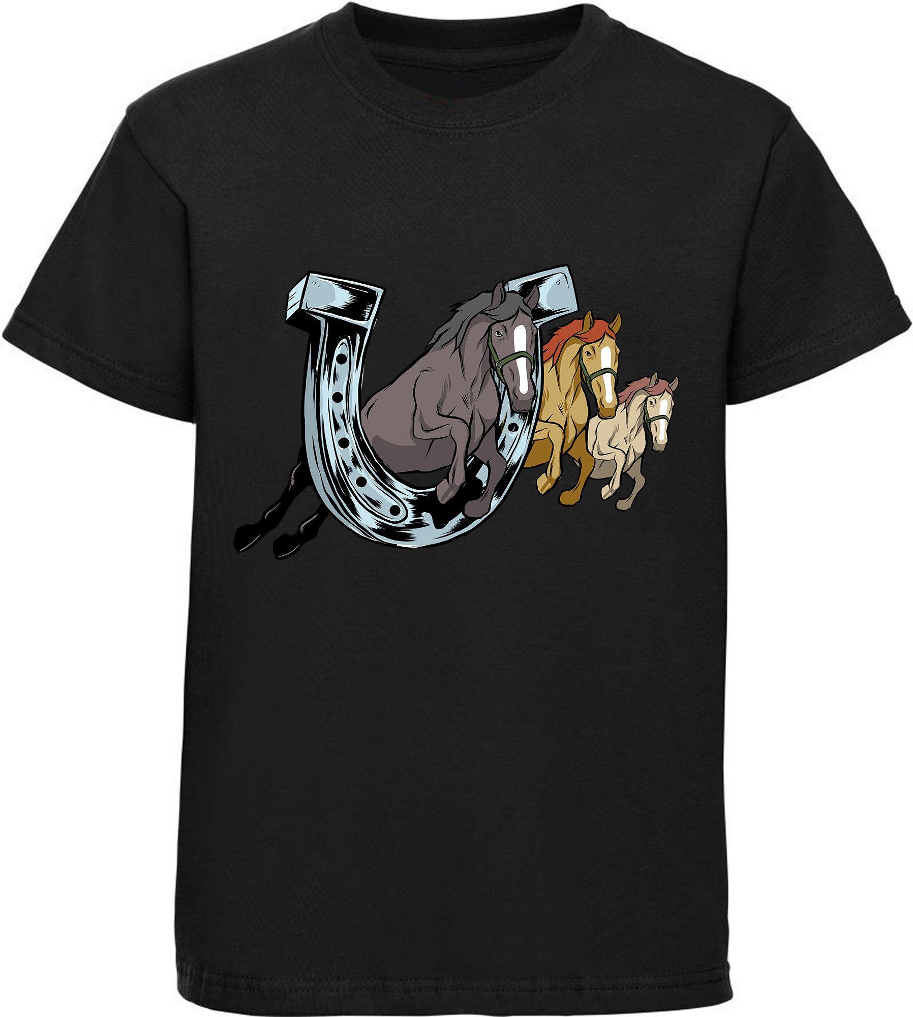 MyDesign24 Pferde Print-Shirt Aufdruck, schwarz i145 ein mit springende Mädchen Baumwollshirt bedrucktes durch T-Shirt drei Hufeisen
