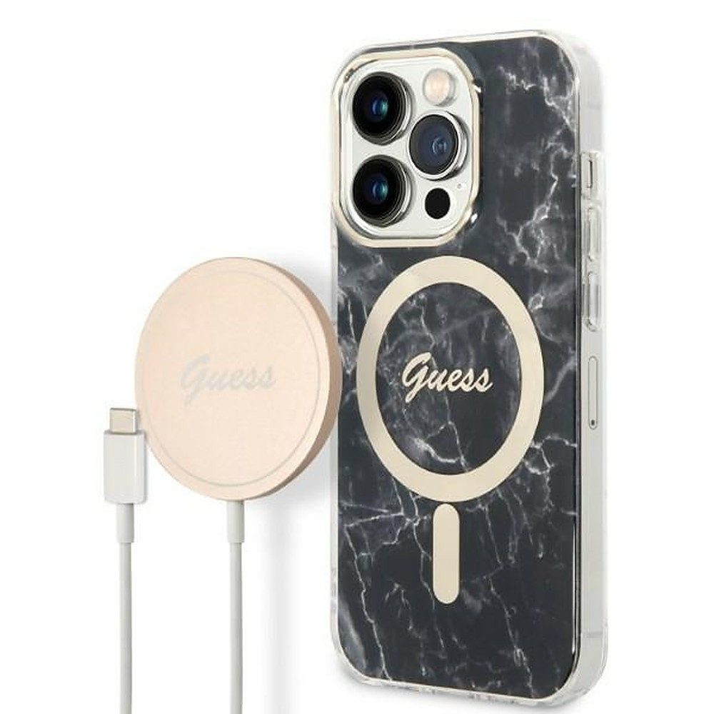 Guess Smartphone-Hülle Handyhülle Schutzhülle Ladeset 6,1 Zoll, MagSafe, Marmor-Optik, kabelloses Laden, Hartschale