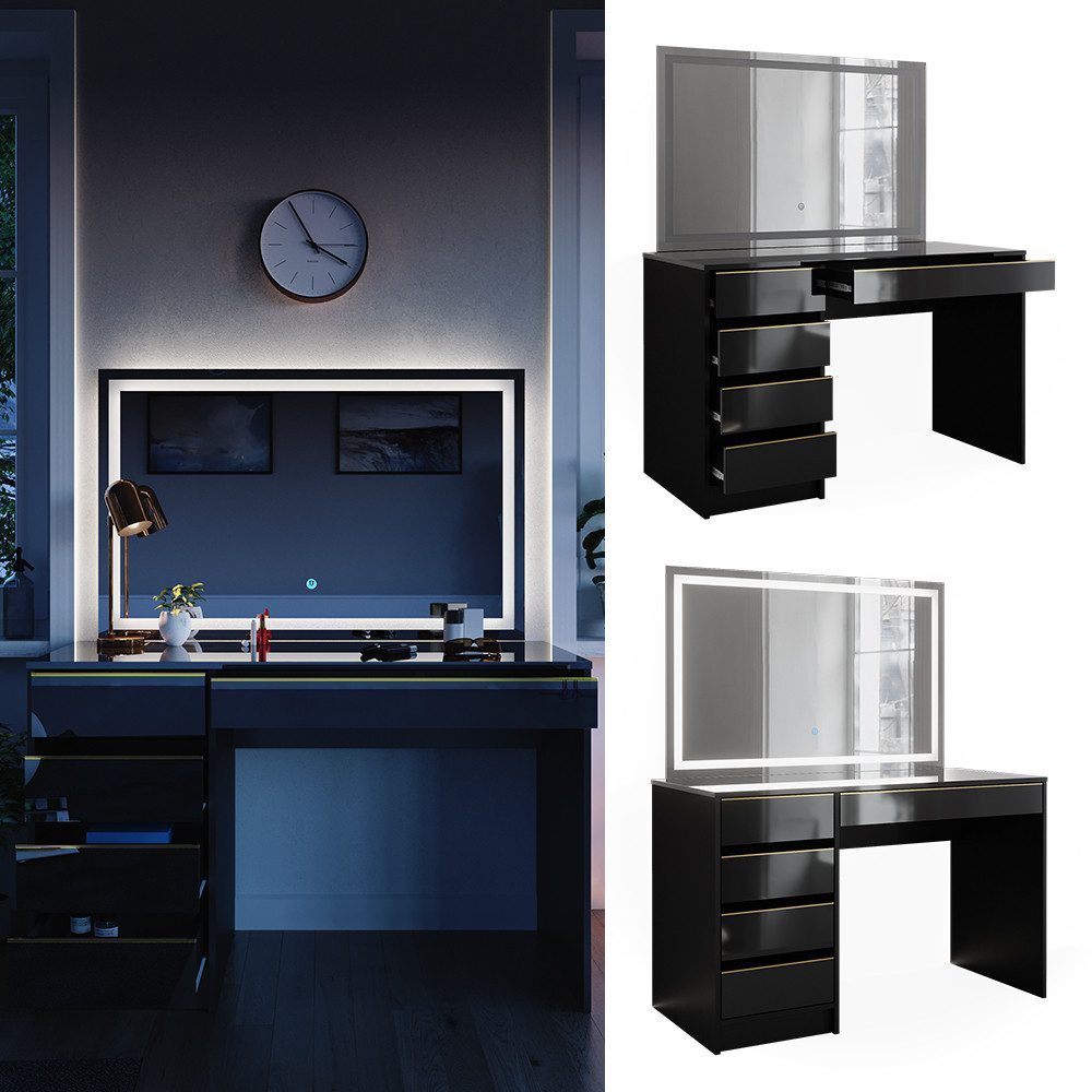 Vicco Schminktisch Sherry, Schwarz, 120 cm mit LED-Spiegel günstig online kaufen