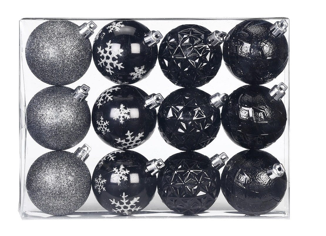 INGE-GLAS® Christbaumschmuck Inge's Weihnachtskugeln 12 Stück 6 cm Schwarz, Kunststoff, bruchfest, Baumdekoration, Baumschmuck, Weihnachtsdekoration