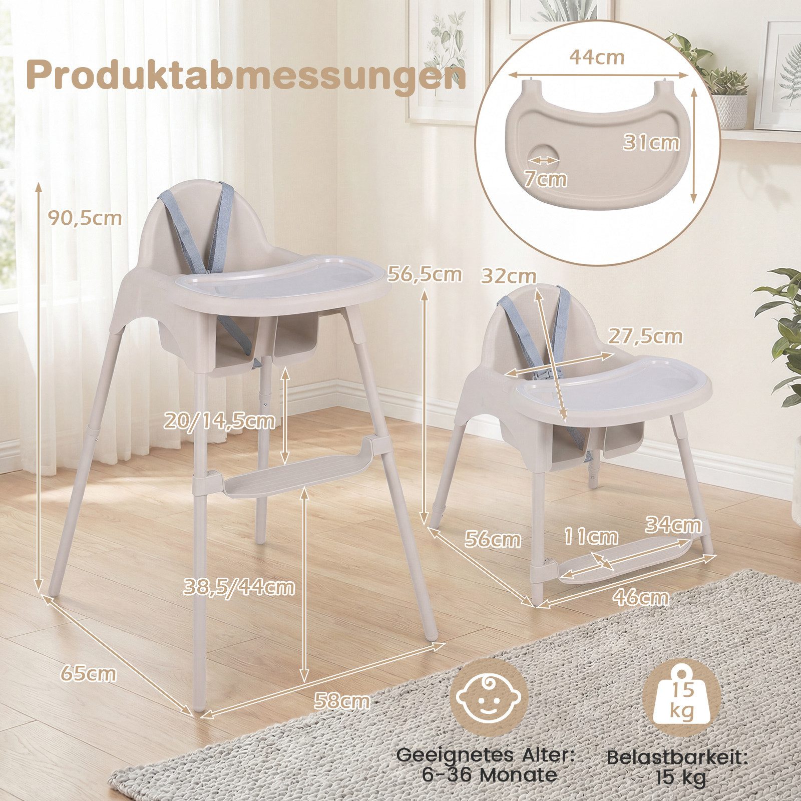 COSTWAY Hochstuhl (1 St), Kinderhochstuhl, 4 in 1 Babystuhl, mit 2 Höhen
