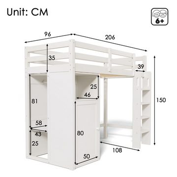 Flieks Hochbett Kinderbett Etagenbett 90x200cm mit offenen Kleiderschrank und Regalen