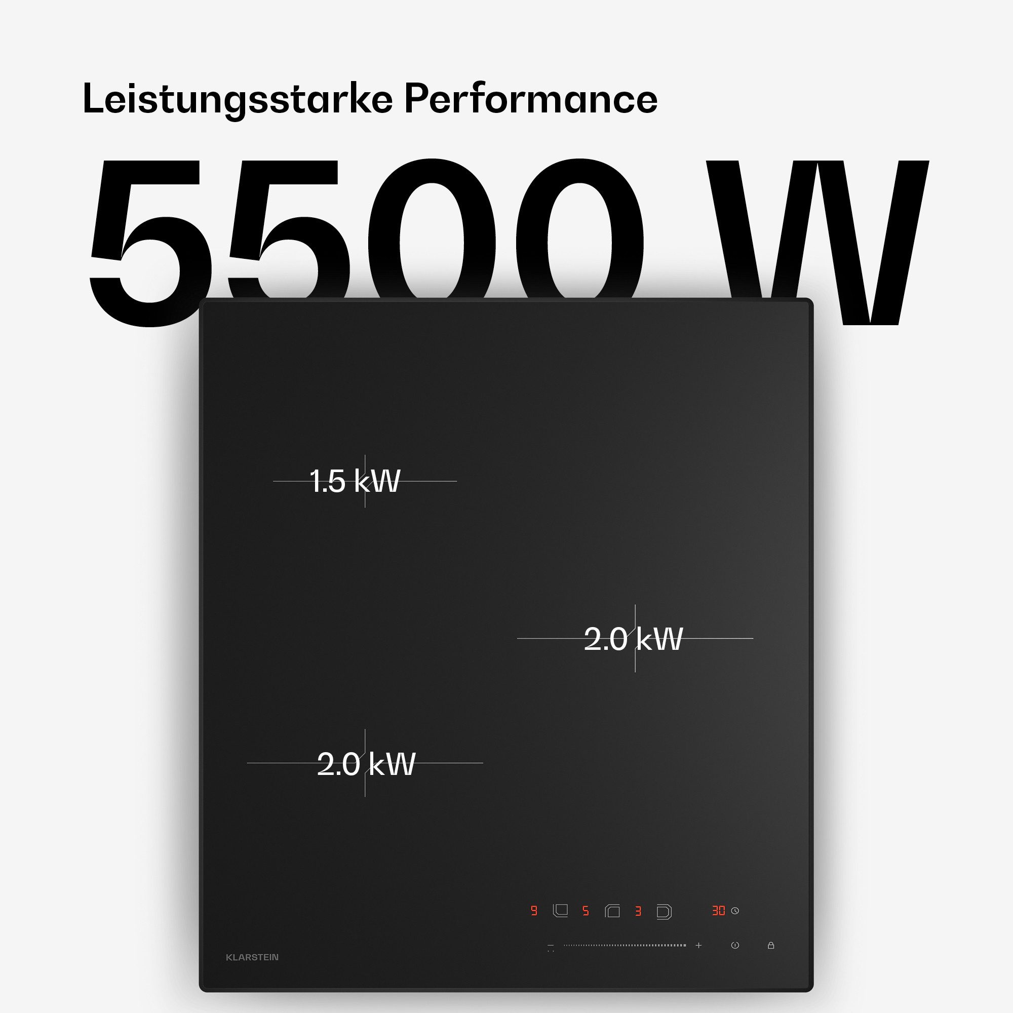 Klarstein Induktions-Kochfeld Velaire Induktionskochfeld 3 Zonen 5500W 45 cm Touch-Slider Restwärme, Elektrisches Kochfeld 3 Kochzonen Timer Glaskeramik 45 cm Slider