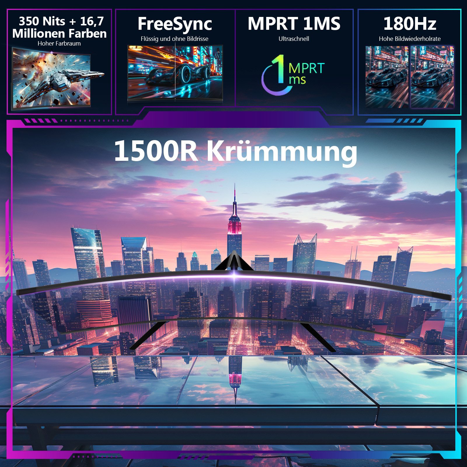 Z-EDGE LED Curved-Gaming-Monitor (69 cm/27 ", FHD 1920x1080 px, HD, 1 ms Reaktionszeit, 180 Hz, LCD, 1500R)