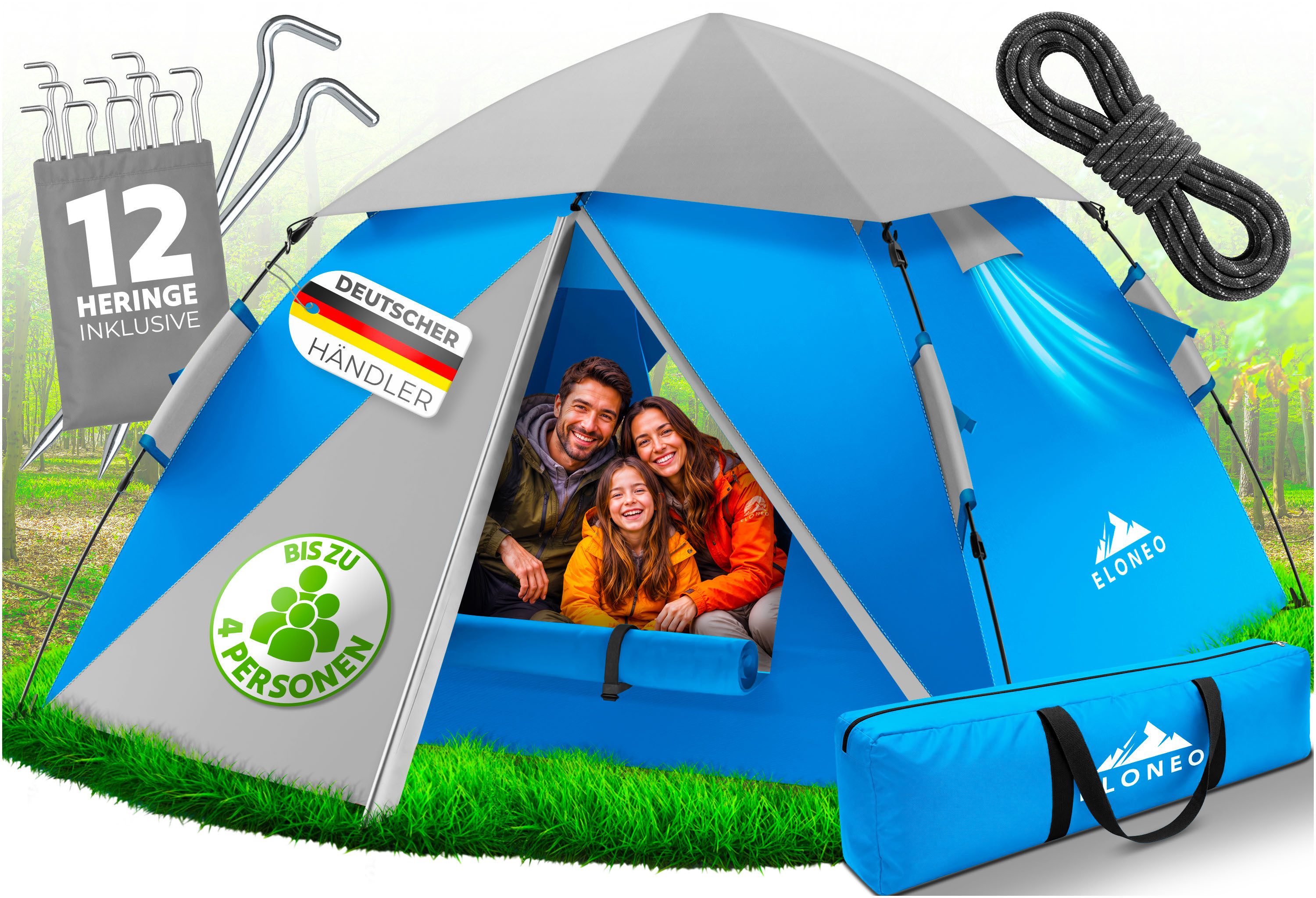 ELONEO Wurfzelt ELONEO Wurfzelt 245x225x150 cm – Pop-Up Campingzelt für 2–4 Personen, Personen: 4, Regendicht, Schnelle Einrichtung, UV-Schutz, Winddicht