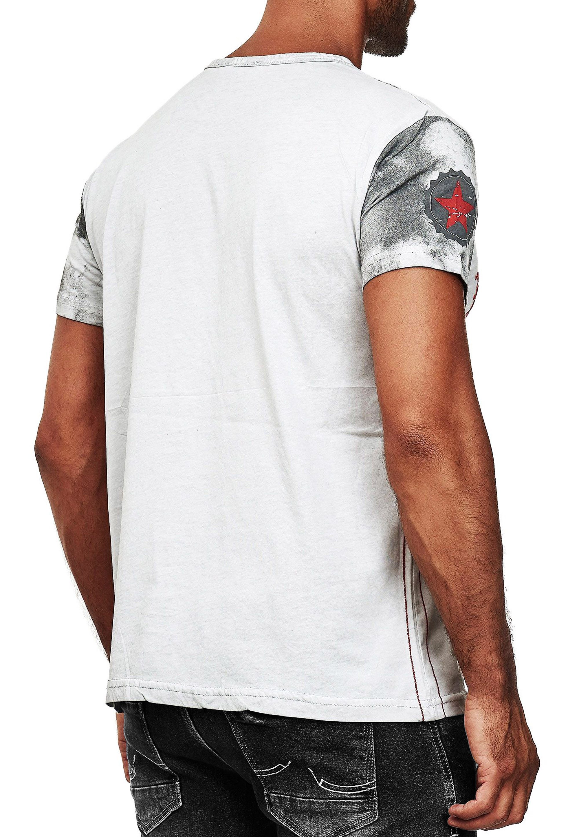 R-NEAL T-Shirt Herren T-Shirt Verwaschen mit Seitlicher Knopfleiste und Front Prints