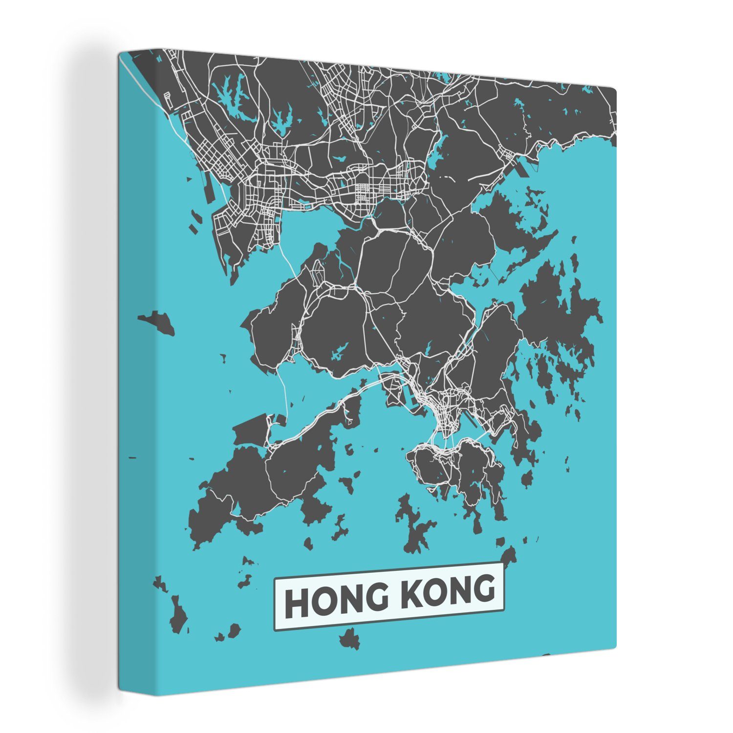 Leinwandbild Blau OneMillionCanvasses® - Wohnzimmer Karte Hongkong für St), Bilder - - (1 Leinwand Stadtplan, Schlafzimmer