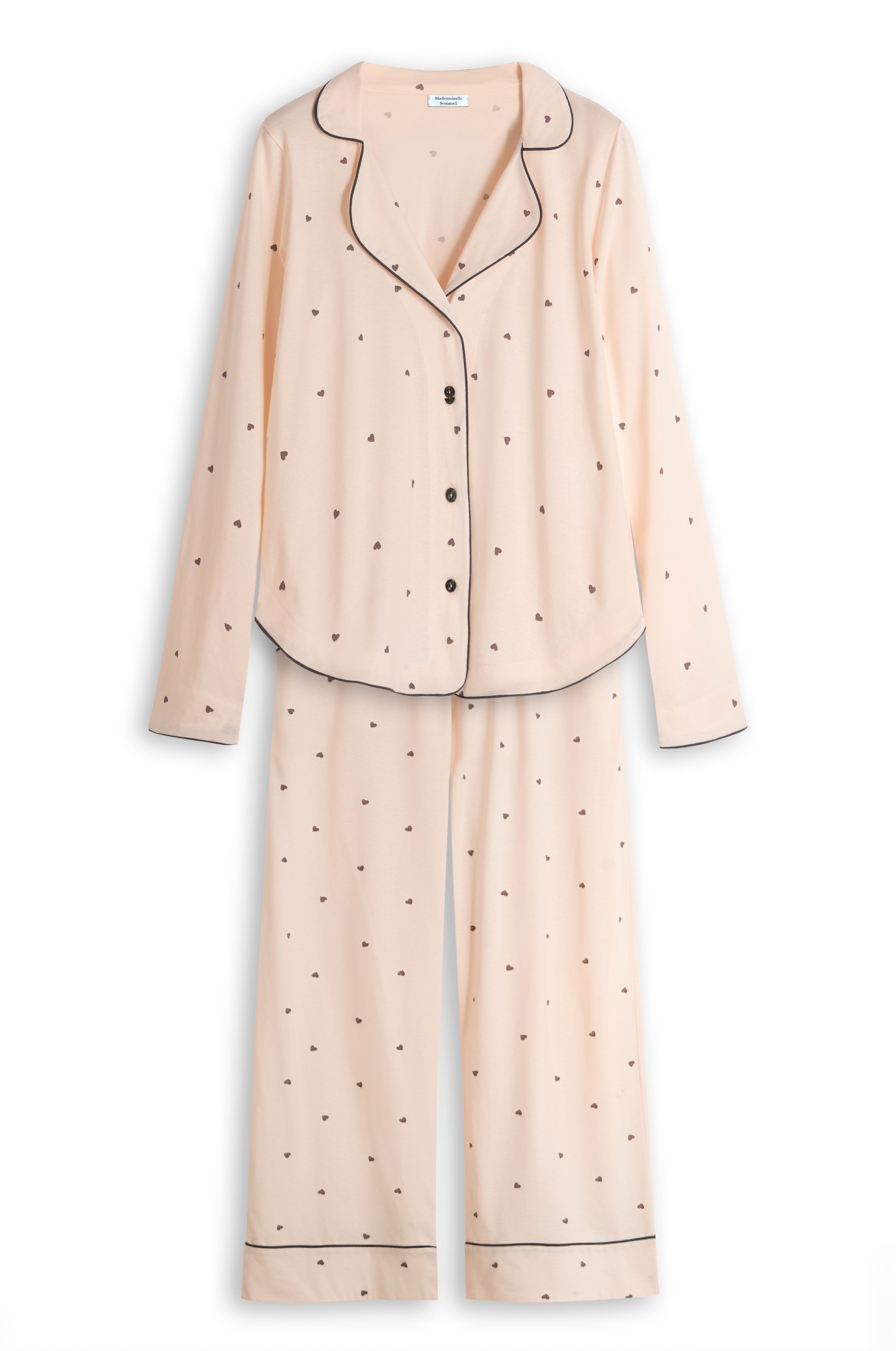 Mademoiselle Sommeil Pyjama Damen Schlafanzug in Cremefarben mit Herzchen-Muster & Reverskragen 100% Baumwolle, Langarm & lange Hose, komfortable Jersey-Qualität
