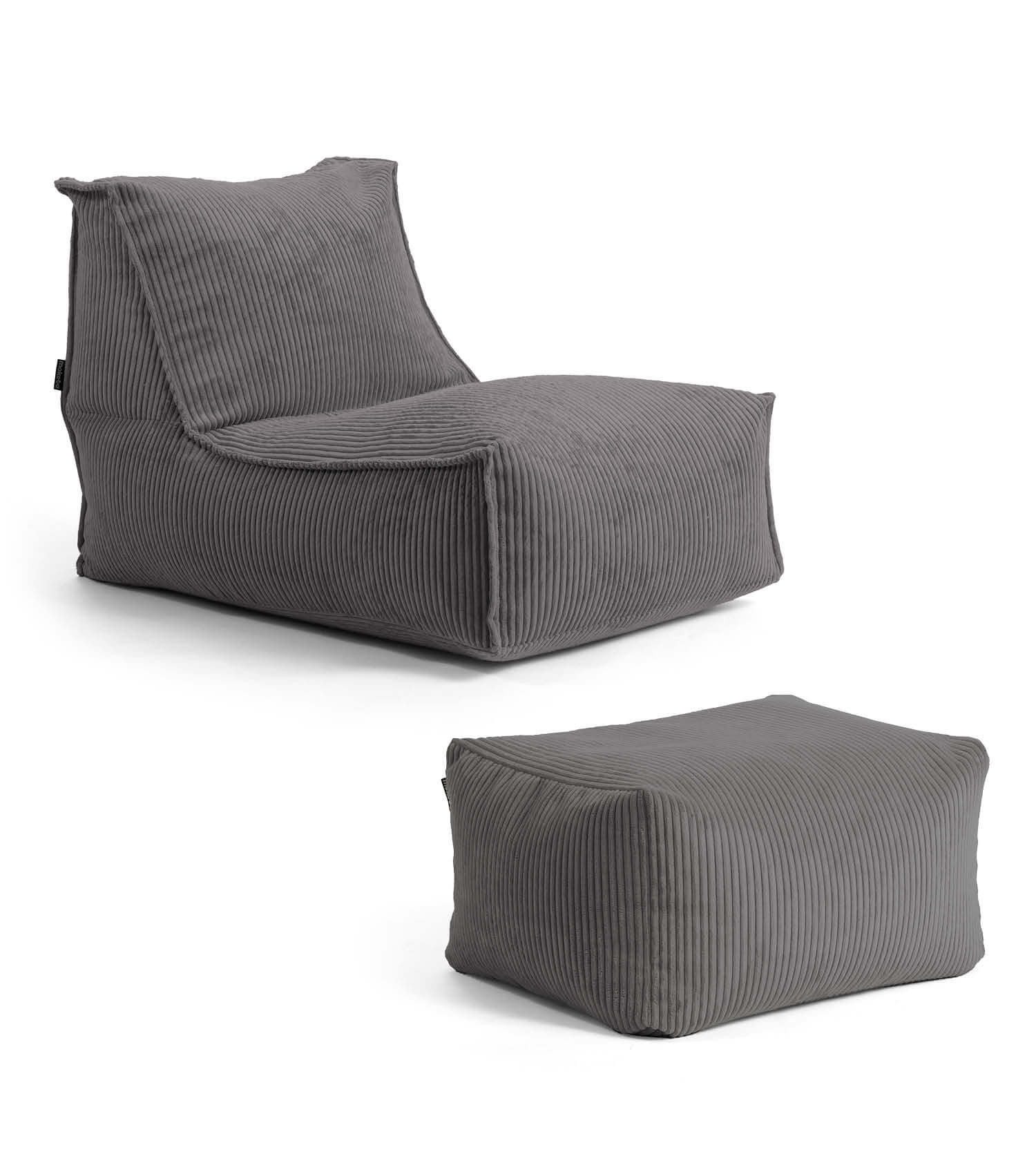 mokebo Sitzsack Der Sundowner (aus weichen Cord in Anthrazit), mit Hocker, gemütliche Indoor Bean-Bag & Relaxliege in Anthrazit
