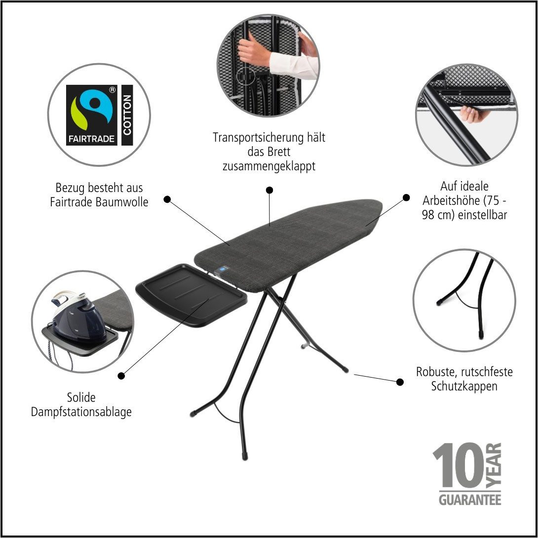 Brabantia Bügelbrett Bügeltisch C, 124 x 45 cm, Dst-Ablage Solide, Bügelfläche 124x45 cm, Fairtrade-zertifiziert