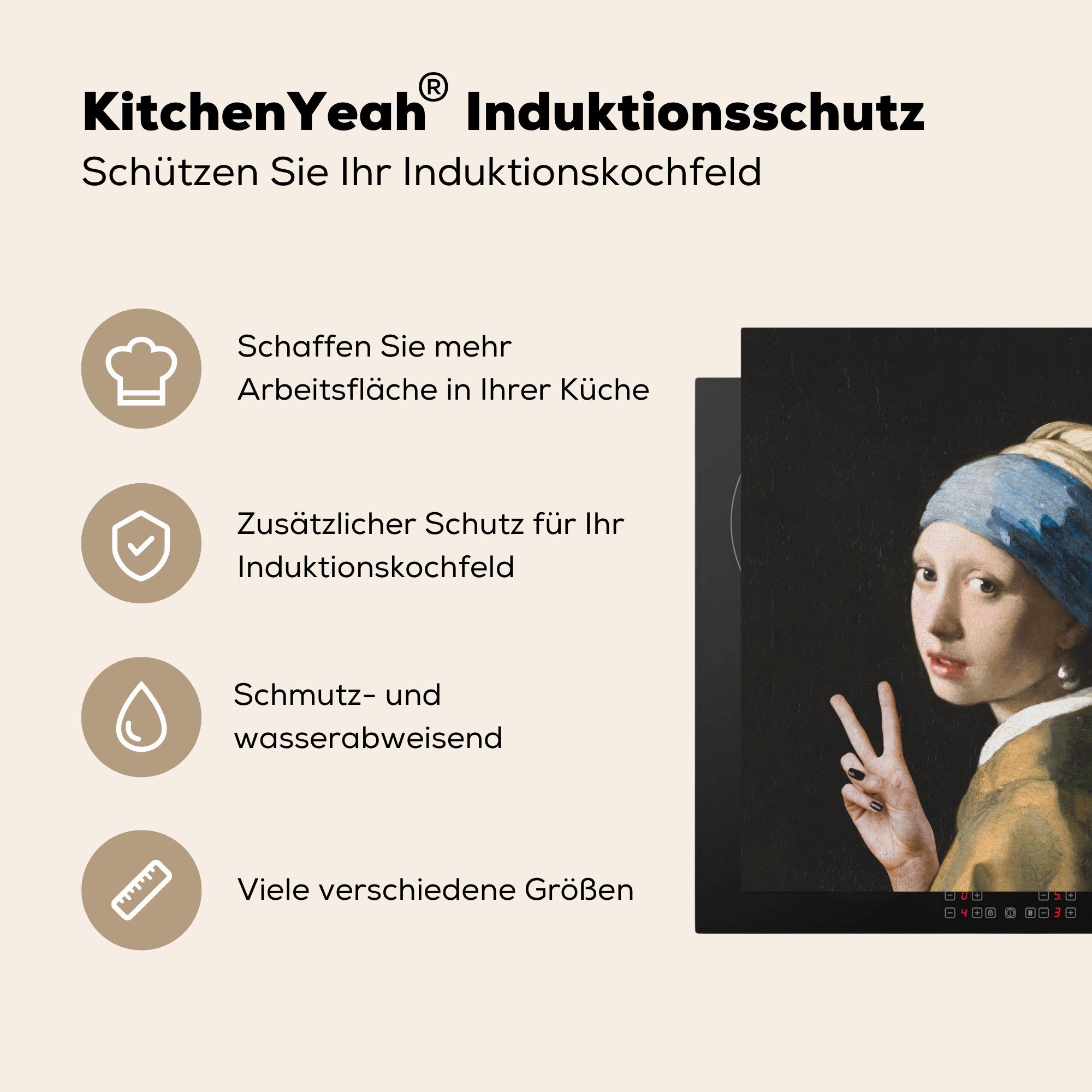 Kunst, dem Mädchen Vinyl, Vermeer küche Ceranfeldabdeckung, - 78x78 - Das (1 für Perlenohrring Herdblende-/Abdeckplatte tlg), mit Arbeitsplatte MuchoWow cm,