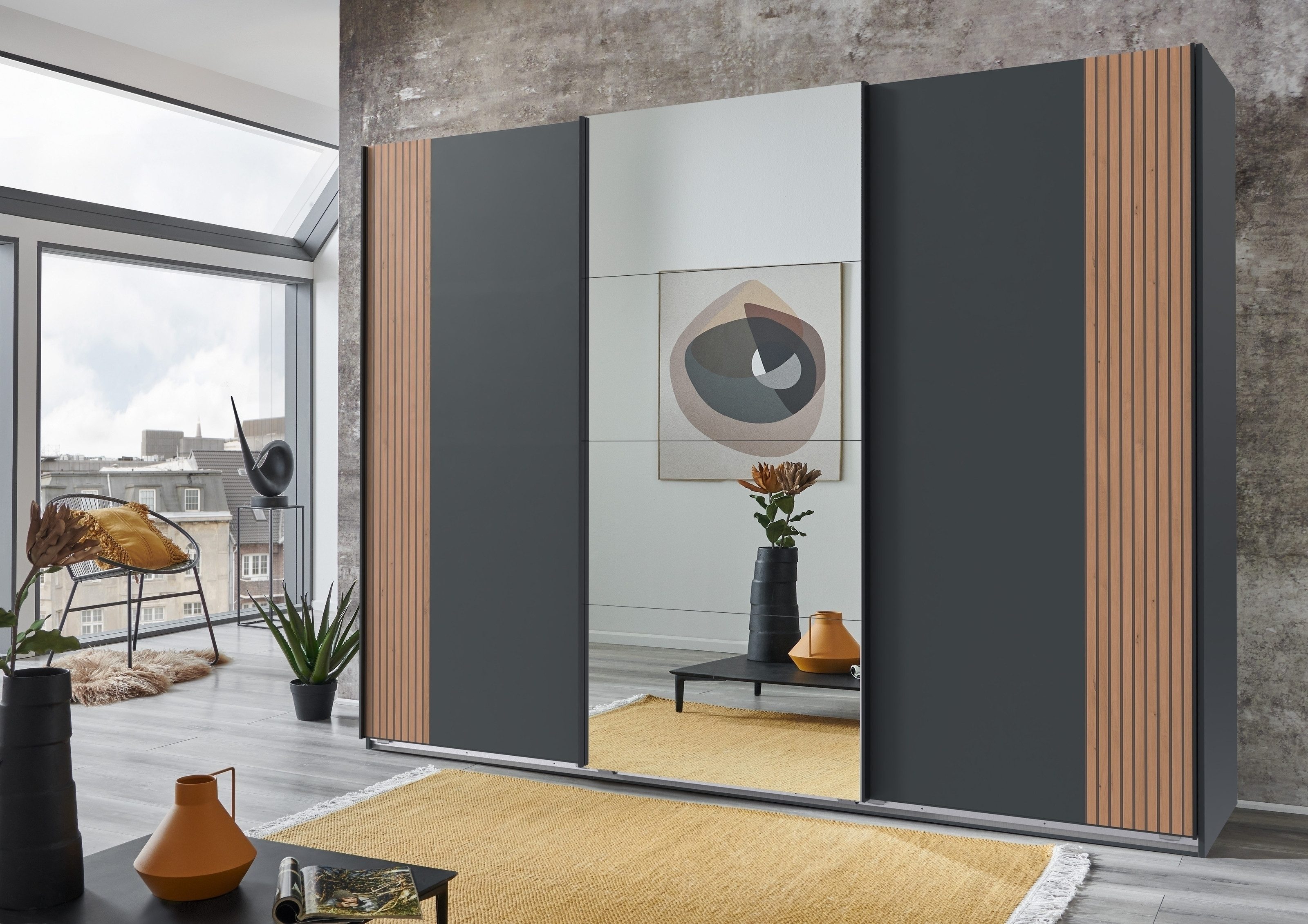 freiraum Schwebetürenschrank Malaga Spiegel / Graphit & Akustiklamelle Artisan Eiche - 270x208x64cm BxHxT