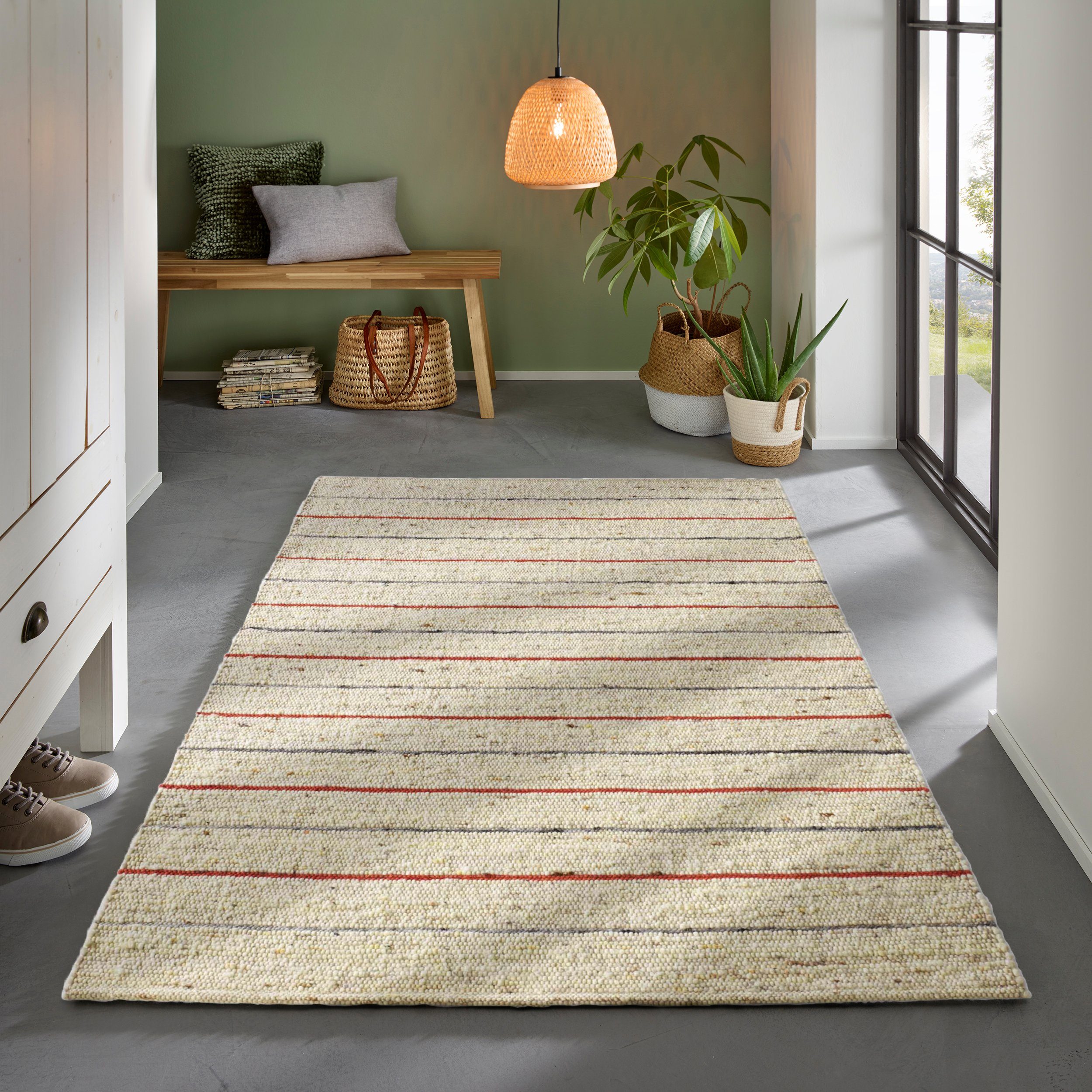 TaCa Home Wollteppich Handweb Woll-Teppich gestreift, rechteckig, Höhe: 11 mm, nachhaltige Schurwolle Wohnzimmer Schlafzimmer, Rot - 250 x 340 cm