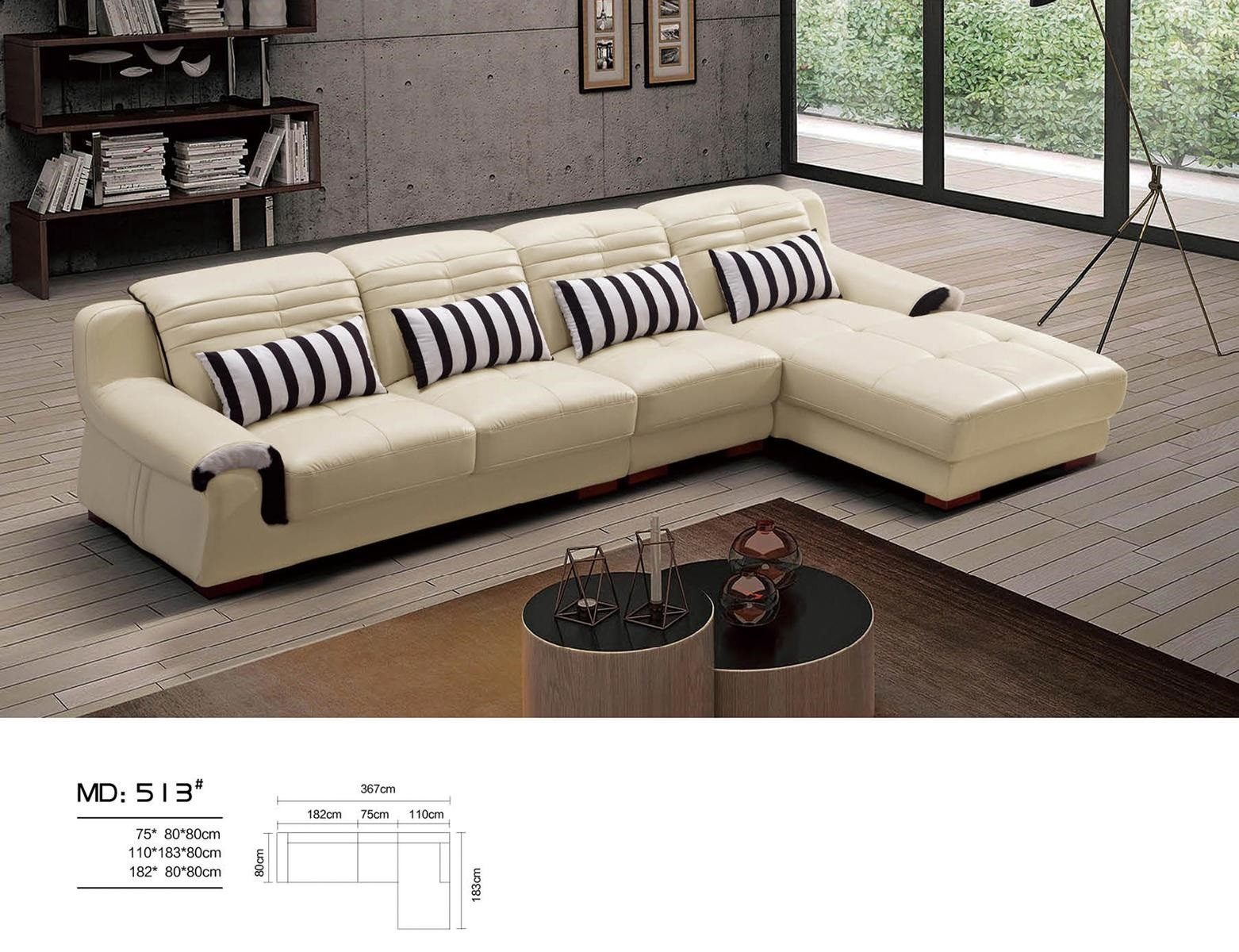 Ecksofa Beige Leder-Ecksofa mit Holzfüßen und Ottomane links