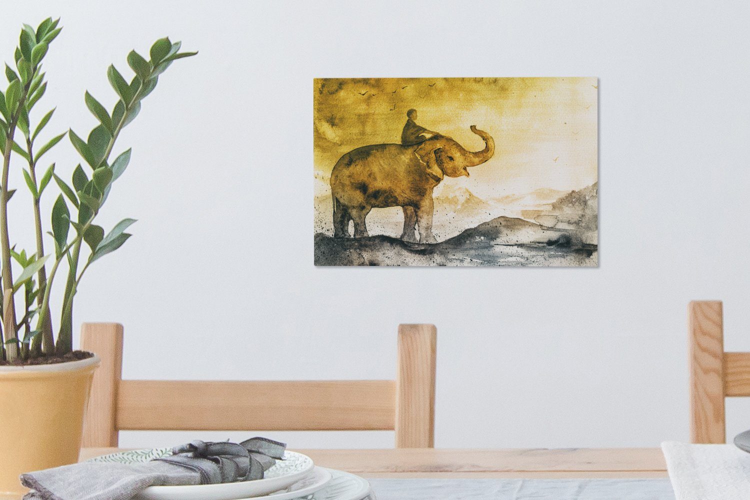 OneMillionCanvasses® Leinwandbild Elefant Wandbild Wanddeko, Aufhängefertig, St), - Kind Berg 30x20 Leinwandbilder, Aquarell, cm - - (1