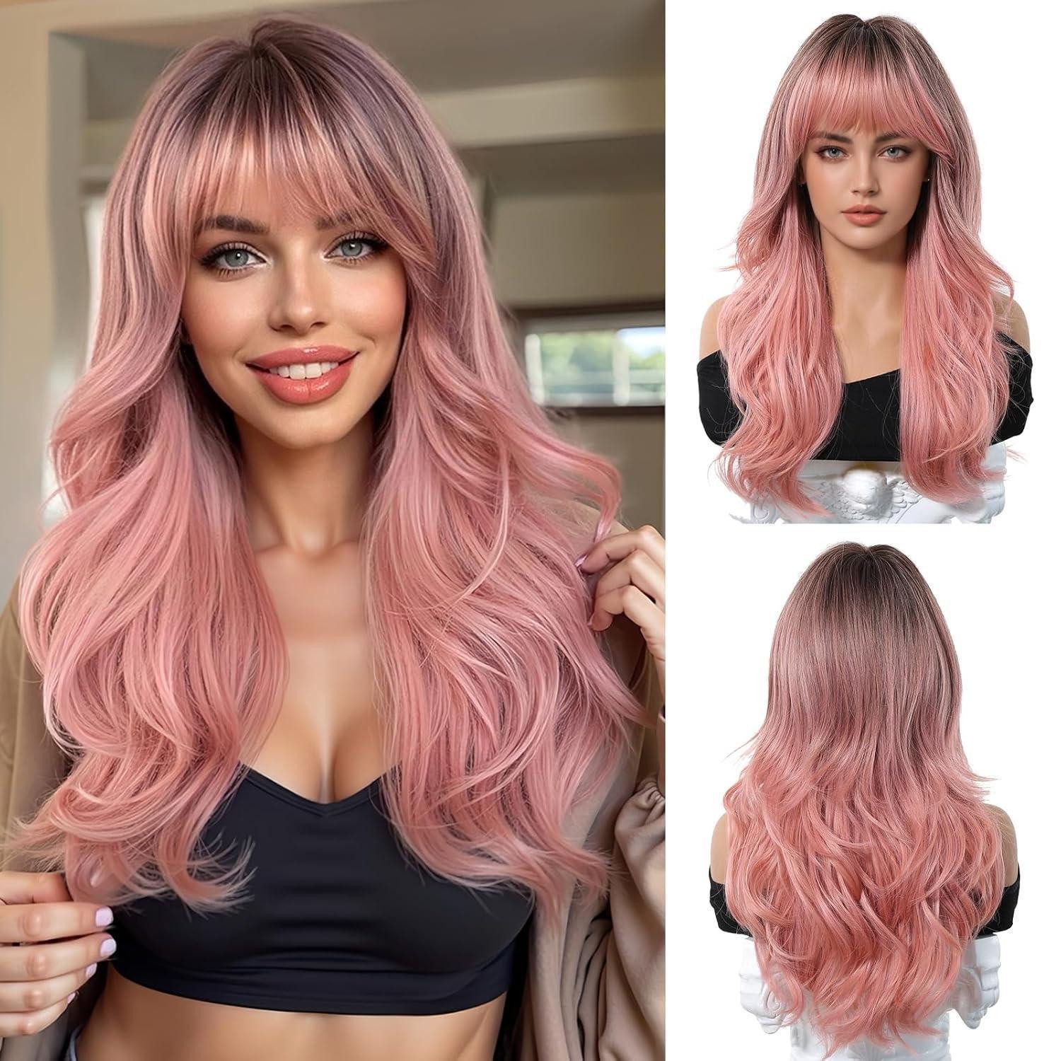 LuxusKollektion Kunsthaarperücke Lange Ombre Rosa Perücke mit Pony Natürliches Synthetik Haar