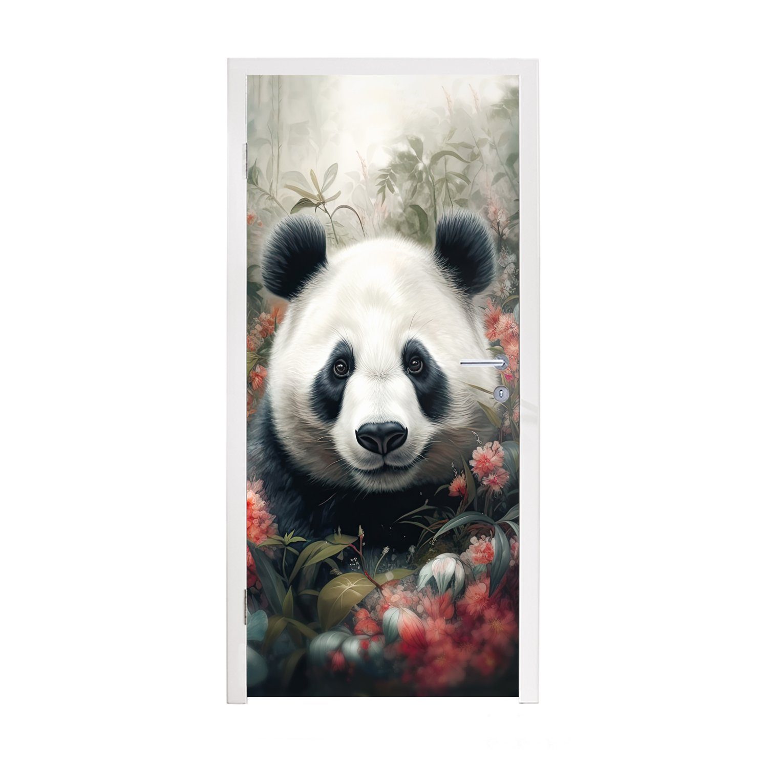 MuchoWow Türtapete Panda - Wildtiere - Blumen - Natur, Matt, bedruckt, (1 St), Fototapete für Tür, Türaufkleber, 75x205 cm