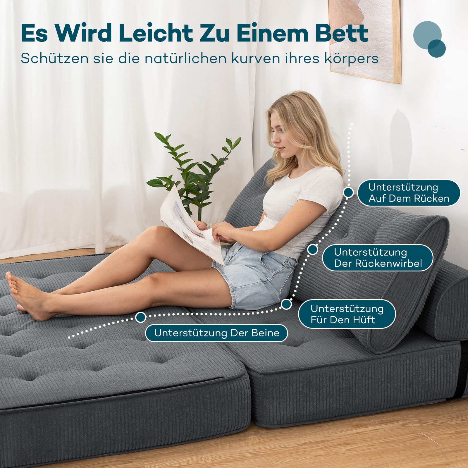 MECO Schlafsofa 3-in-1 umwandelbarer Klappsofa Bett Schlafsessel mit Kissen, 2 Sitzer Bodensofa Schlafcouch 150×80x36 cm – Bild 4 von 5