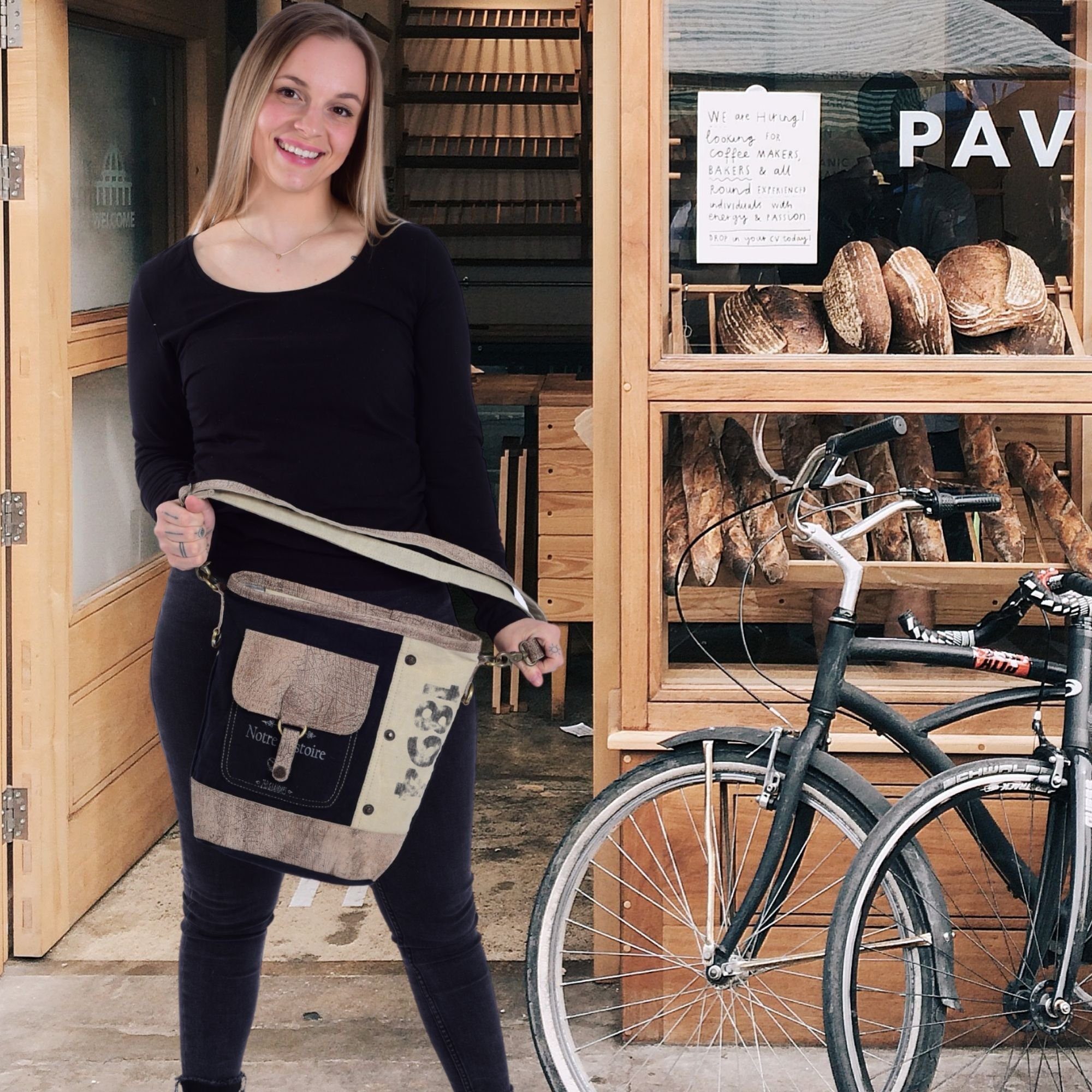 Sunsa Umhängetasche Crossbody Bag aus Canvas & Leder Vintage Tasche Sie/ Ihn Umhängetasche, Vintage Druck am Frontfach