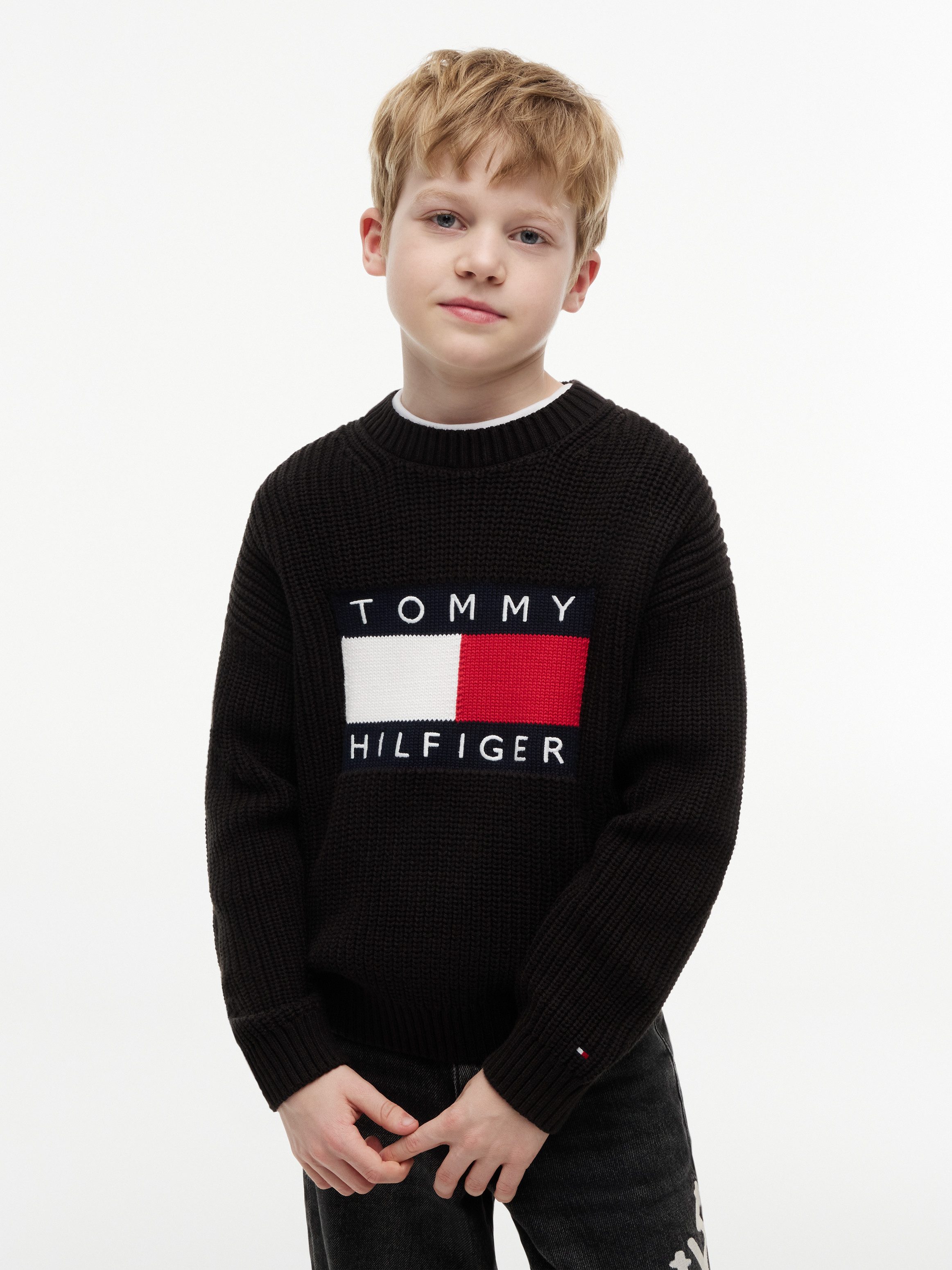 Tommy Hilfiger Strickpullover HERITAGE FLAG Rundhalsausschnitt, Rippstrick, Kinder bis 16 Jahre
