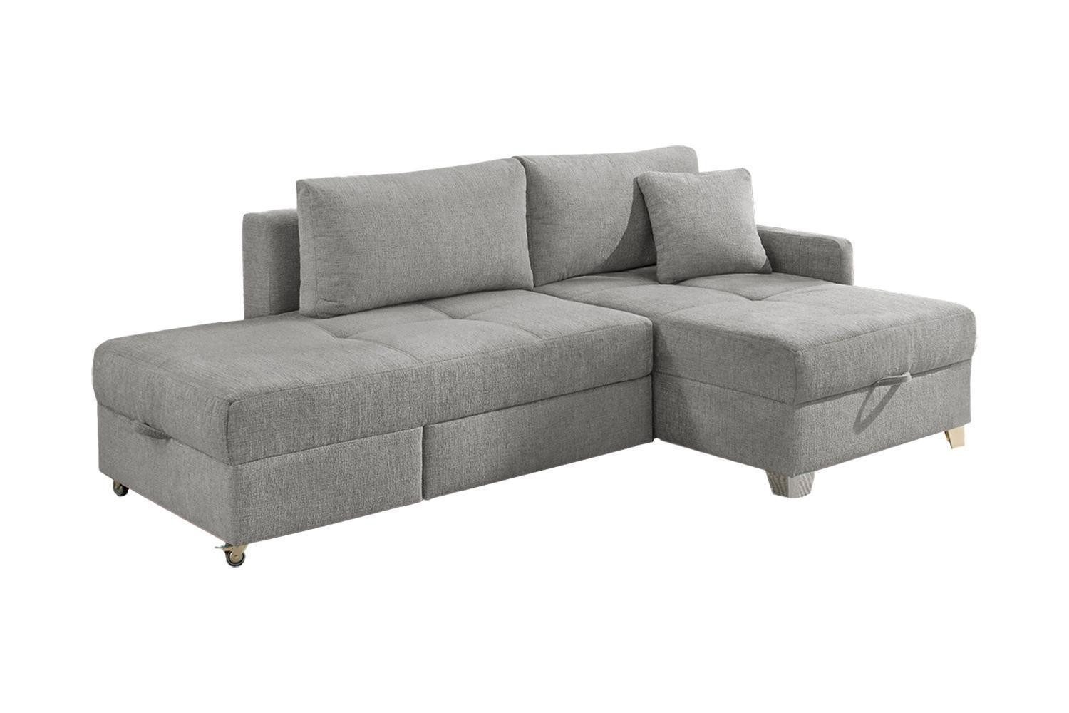 Ecksofa LEMBERG, Grau, Chenille, mit Kissen, Bettkasten