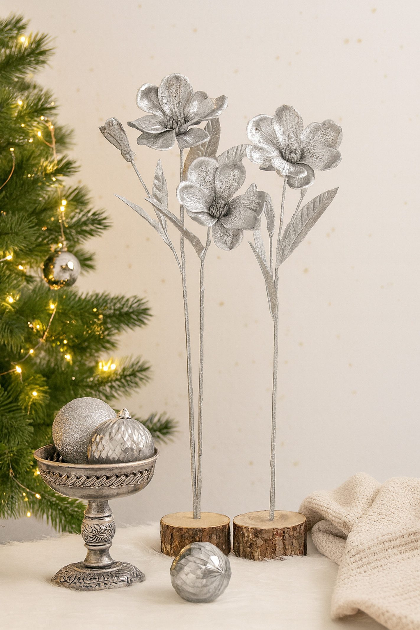 Kunstblume Magnolie, I.GE.A., Höhe 68 cm, 2er Set Dekoblume Metallic Effekt glänzende Weihnachtsdeko Blüten