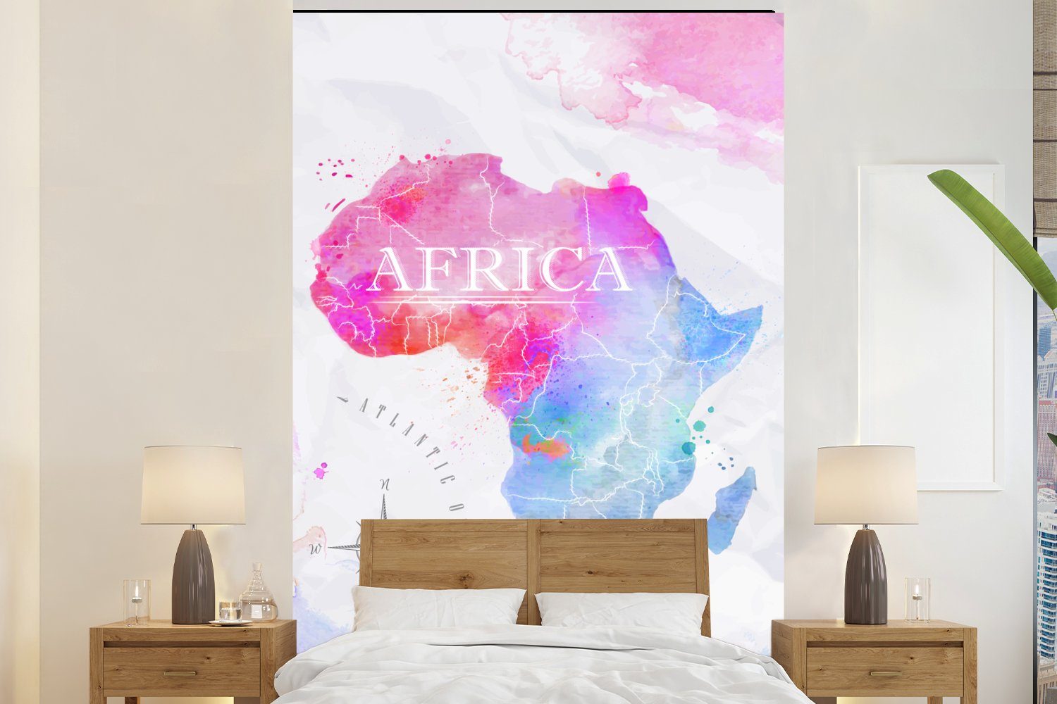 MuchoWow Fototapete Aquarell - Weltkarte - Afrika, Matt, bedruckt, (3 St), Montagefertig Vinyl Tapete für Wohnzimmer, Wandtapete