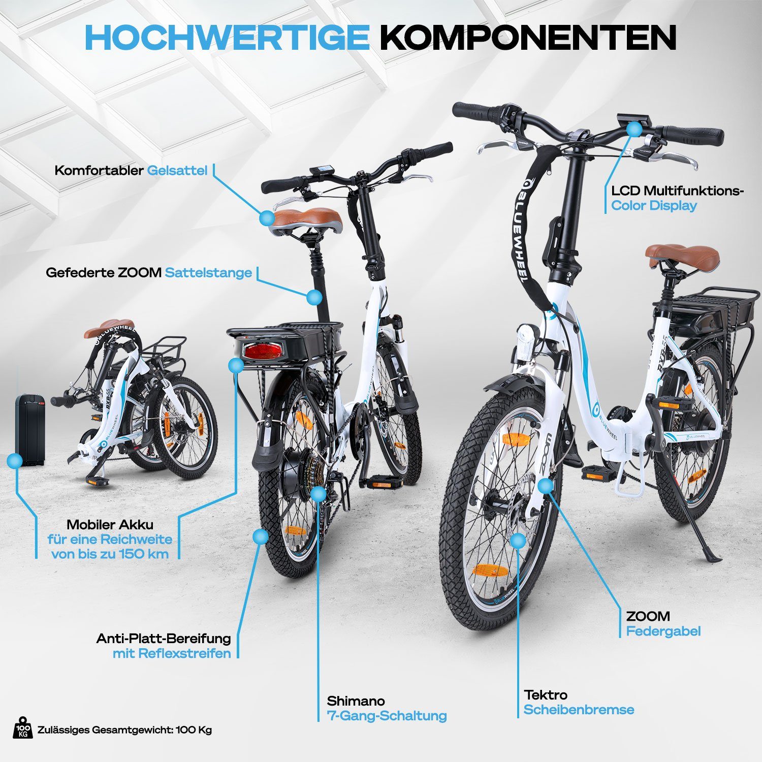 Bluewheel Electromobility E-Bike BXB55, 7 hinten, Weiß 360,00 Kettenschaltung, Klappmechanismus Gepäckträger Shimano, Gang Wh Hinterrad-Nabenmotor, Akku