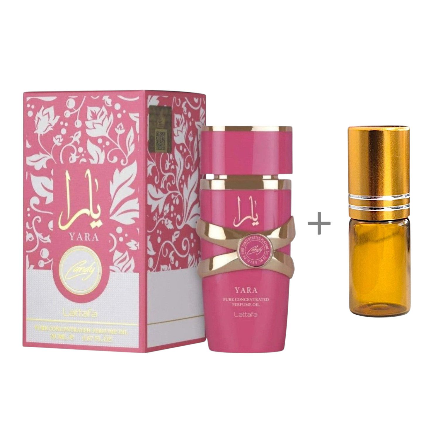 Lattafa Duft-Set Parfümöl Candy, Moi, Tous, Yara Concentrate Oil 20ml + leerer Roll-On, 1-tlg.