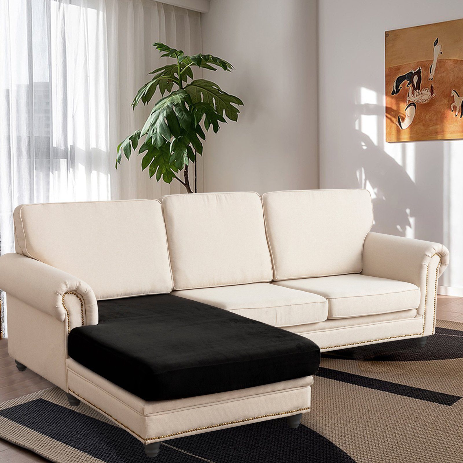 Sofahusse Sofa Sitzbezug,Samt Sitzkissenbezug, Stretch Rosnek, Chaise Loung Sofahusse Stretch,Schonbezug, Schwarz Elastic