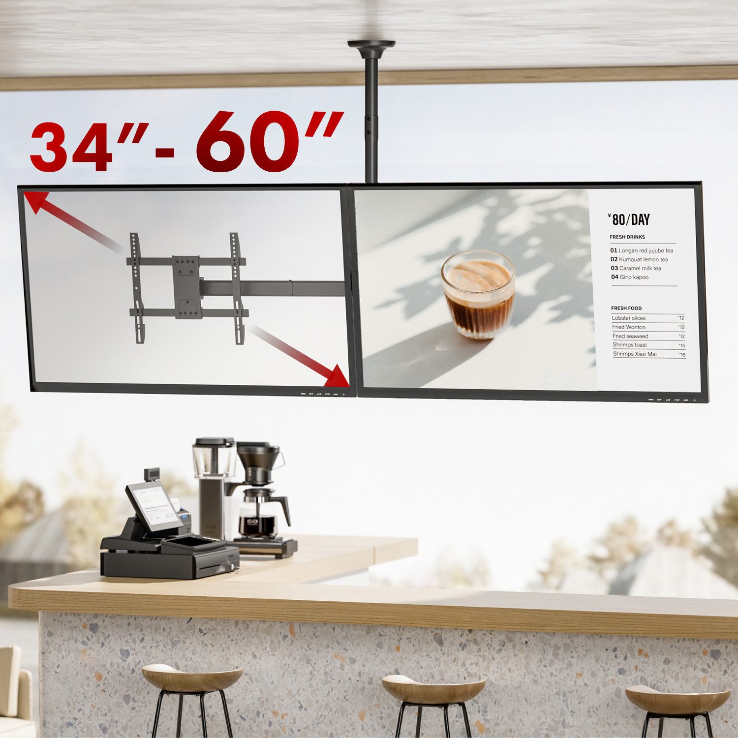 Maclean TV-Deckenhalterung MC-111 B Deckenhalterung für 2 TVs 34-60'' max. 2x40kg, (bis 60 Zoll, Nivellierungsmöglichkeit, Rotationsverstellung, Neigungsverstellung)