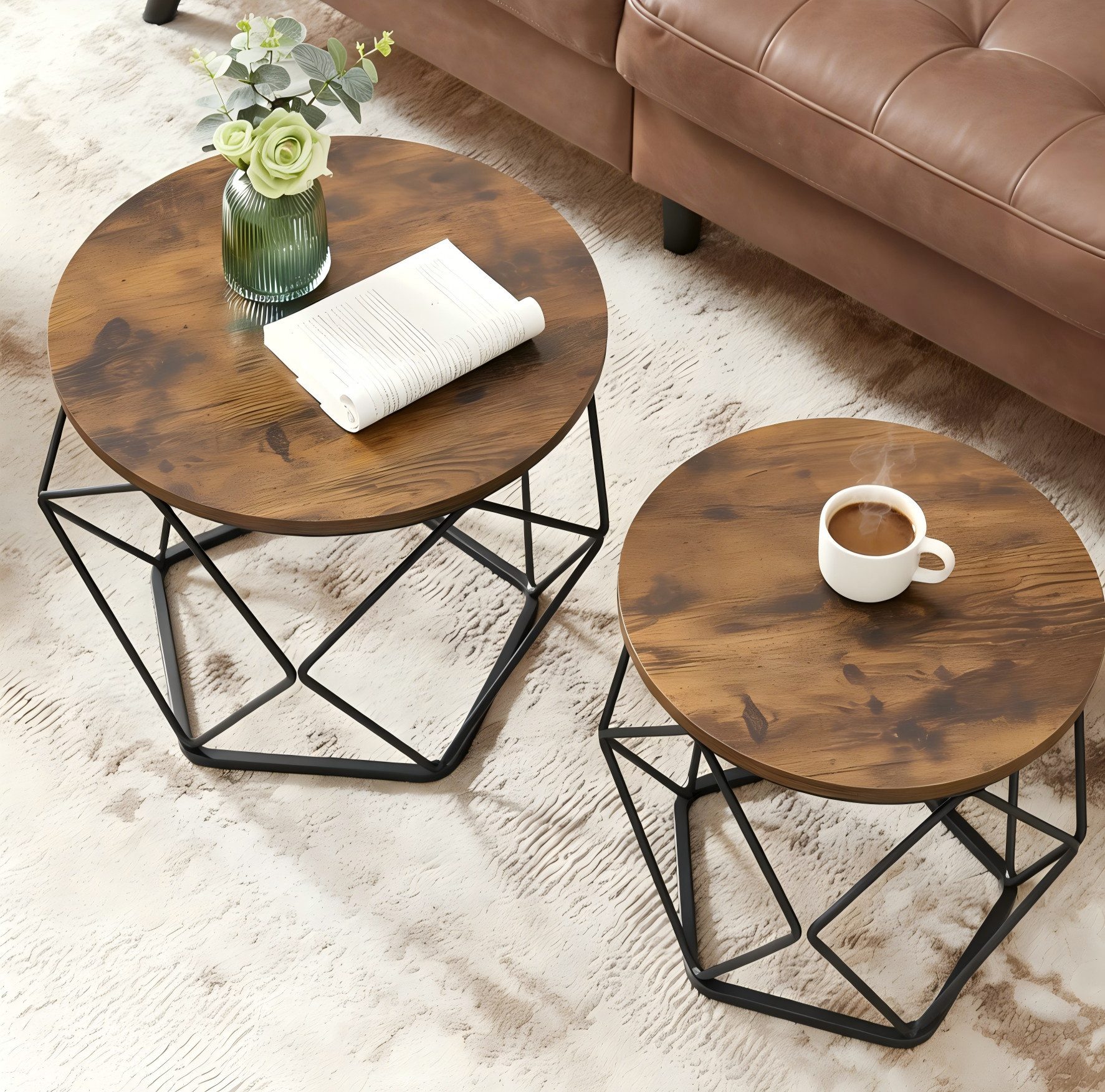 VASAGLE Couchtisch (2er Set), Beistelltisch, abnehmbare Tischplatte, Ø50x40cm+Ø40x36cm