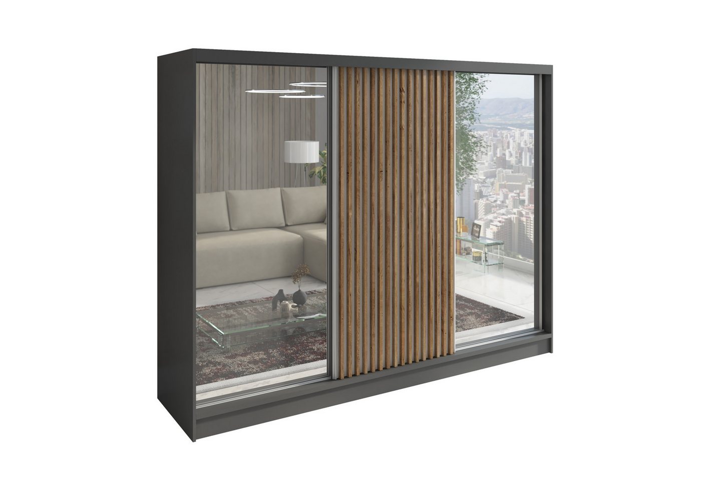 A&J MöbelLand GmbH Schiebetürenschrank DIVER 200 cm mit 3D-Lamellen und Spiegelfront (TOP ANGEBOT! Geräumiger Schrank mit einer Breite von 200 cm ideal zur Aufbewahrung von Kleidung und Accessoires. Wählen Sie das ideale Modell für Ihr Schlafzimmer!, TOP