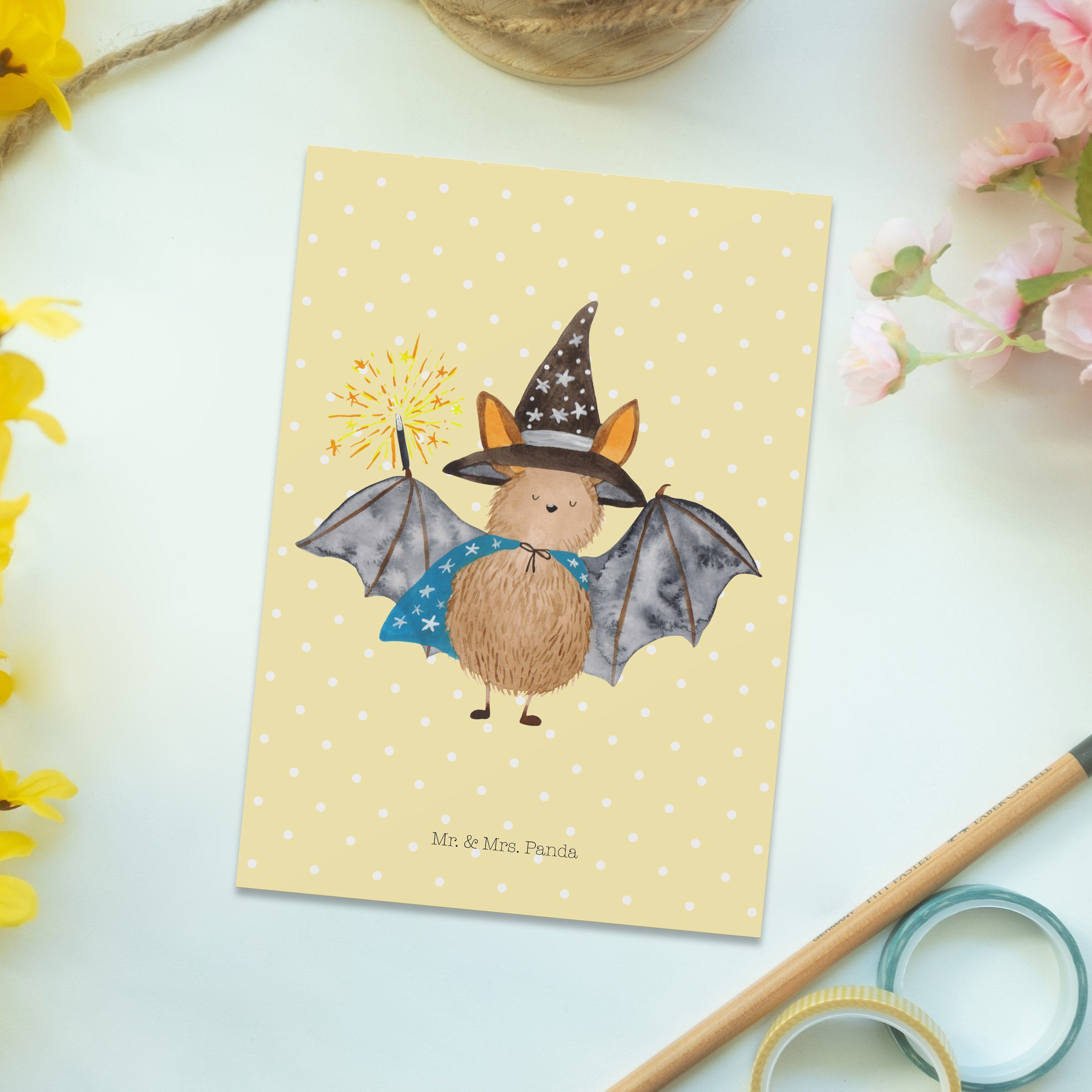 Mr. & Mrs. - Sprüche, Gelb - lustige Zauberer Postkarte Geschenk, Panda Pastell Fledermaus Magie