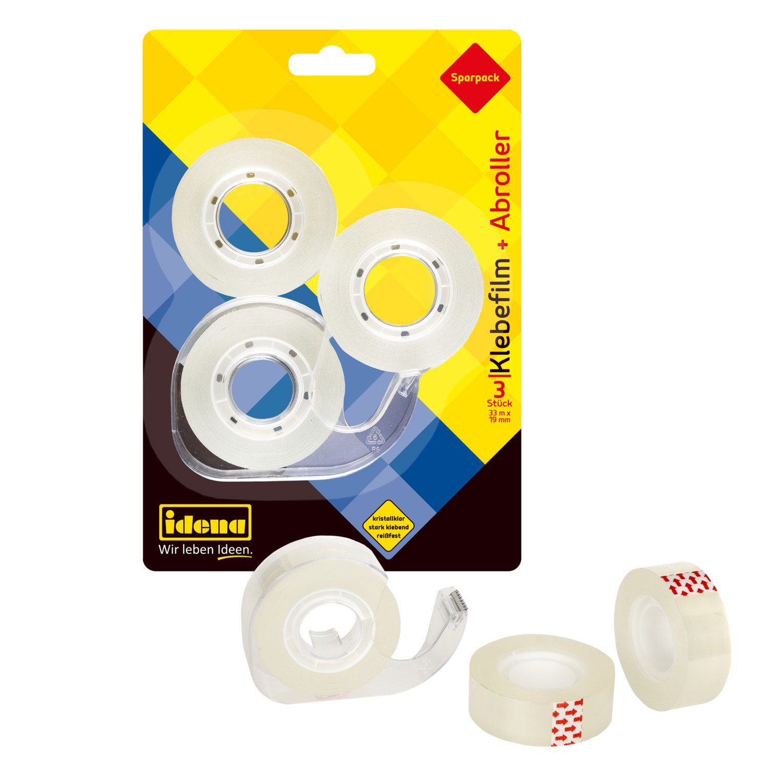 Klebeband Idena 630079 - Klebefilm 33 m x 19 mm, 3 Stück mit 1 Abroller